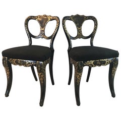 Exquisite Pair of French Hand Painted Ebony 19th Century Chairs