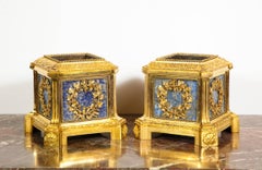 Exquisite Pair of French Ormolu and Lapis Lazuli Cachepots Planters, circa 1850