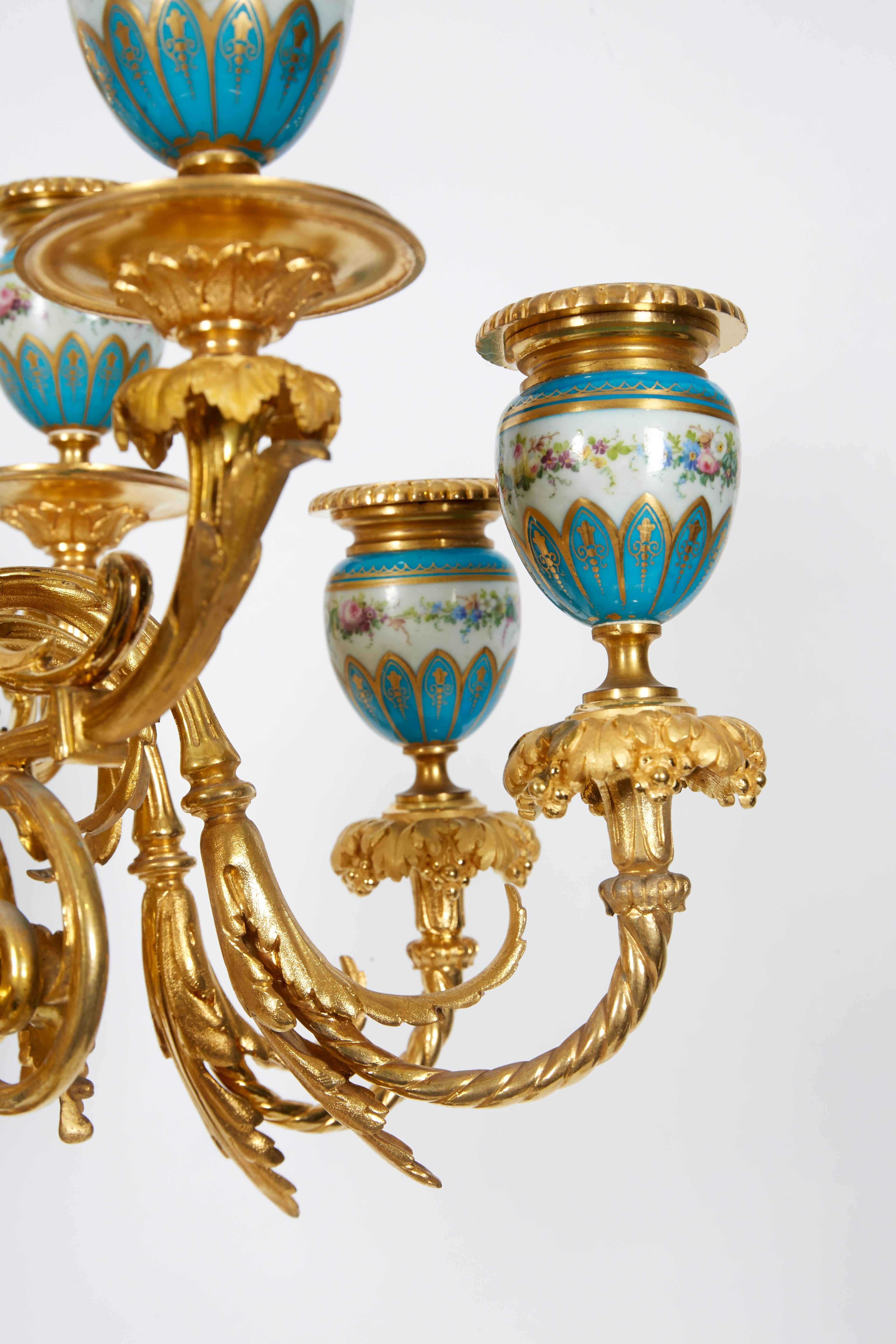 Exquisite Pair of French Ormolu and Turquoise Sevres Porcelain Candelabra 6
