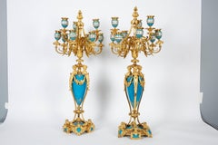 Exquisite Pair of French Ormolu and Turquoise Sevres Porcelain Candelabra