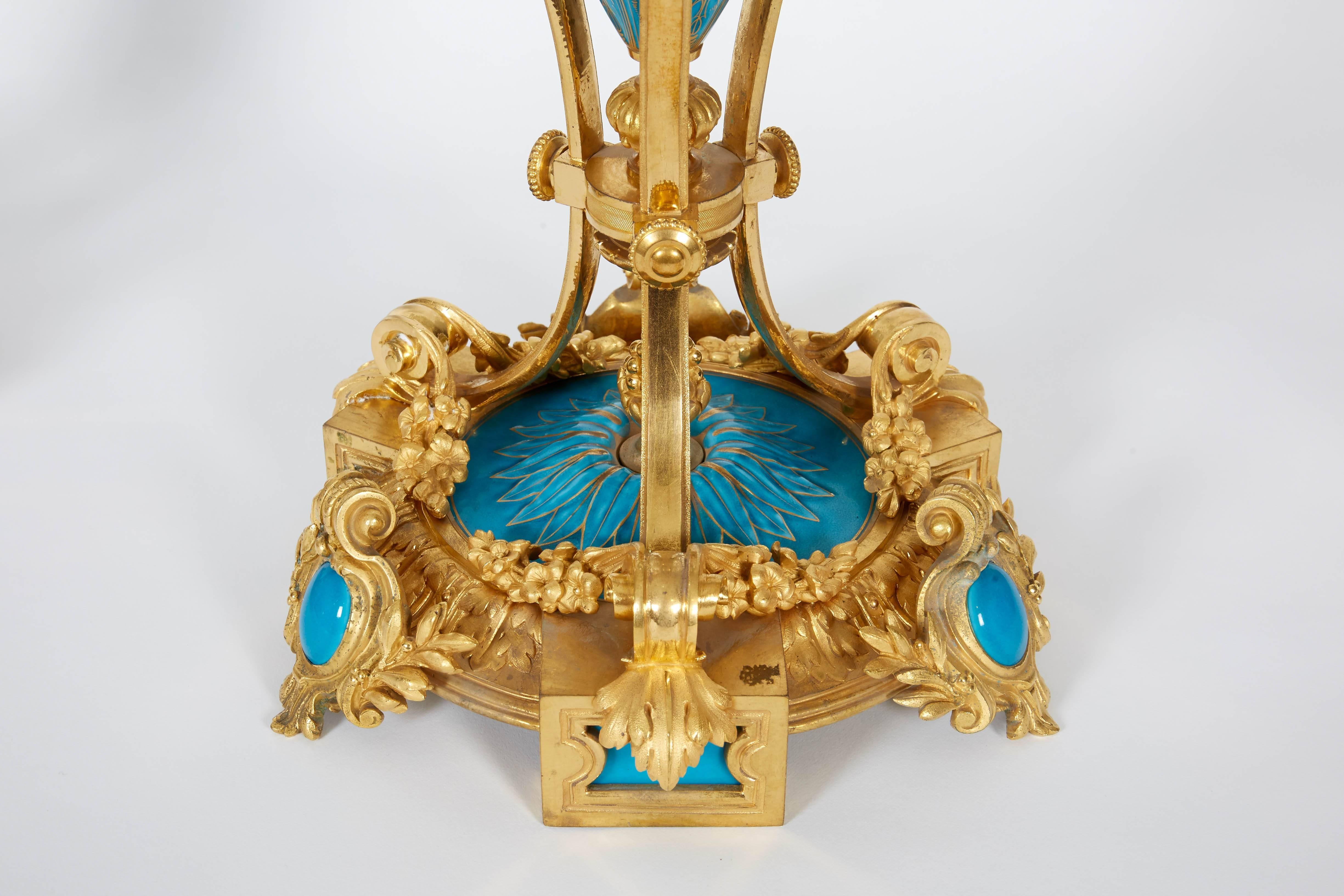 Napoleon III Exquisite Pair of French Ormolu and Turquoise Sevres Porcelain Candelabra