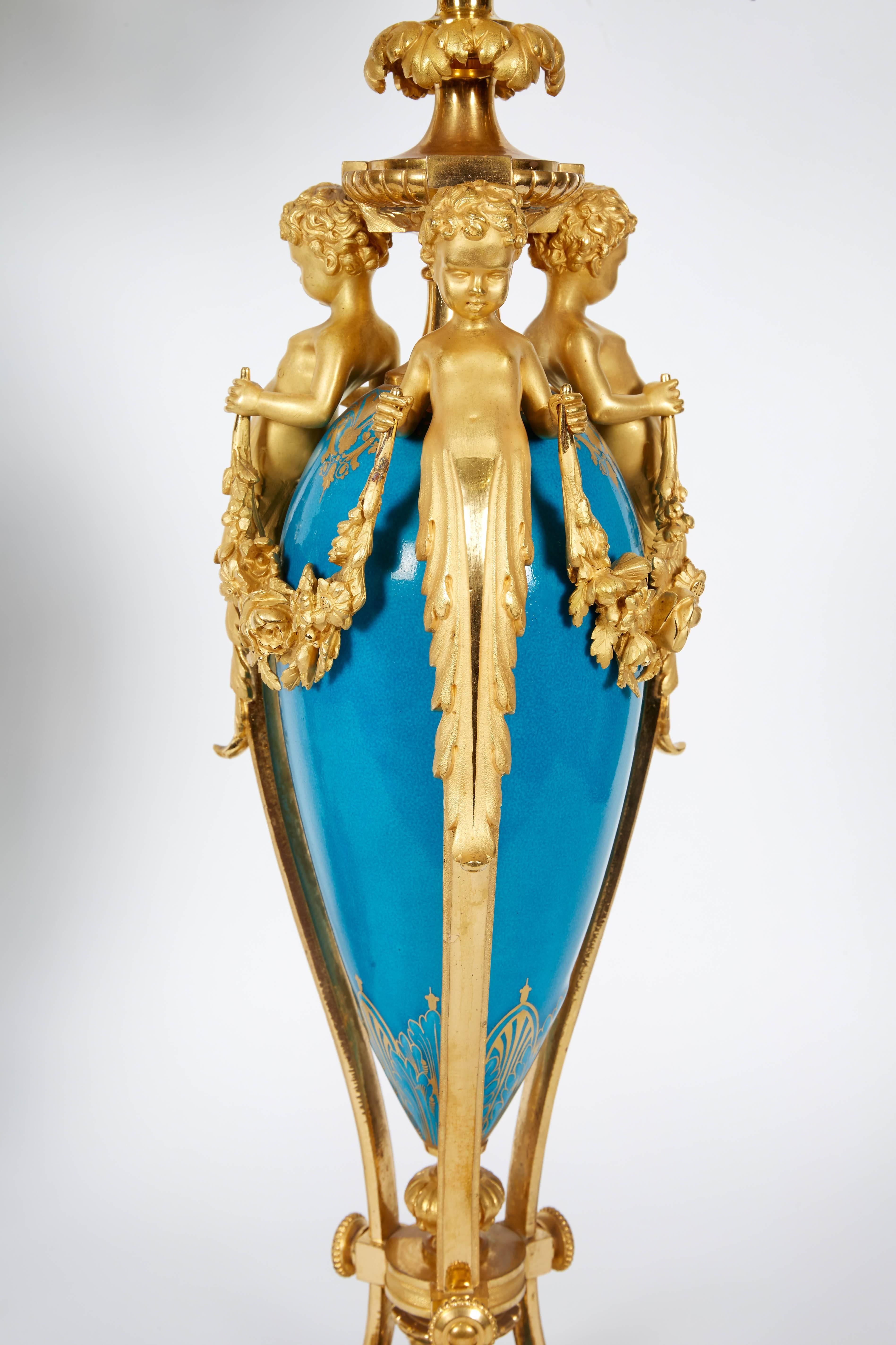 Exquisite Pair of French Ormolu and Turquoise Sevres Porcelain Candelabra In Good Condition In New York, NY