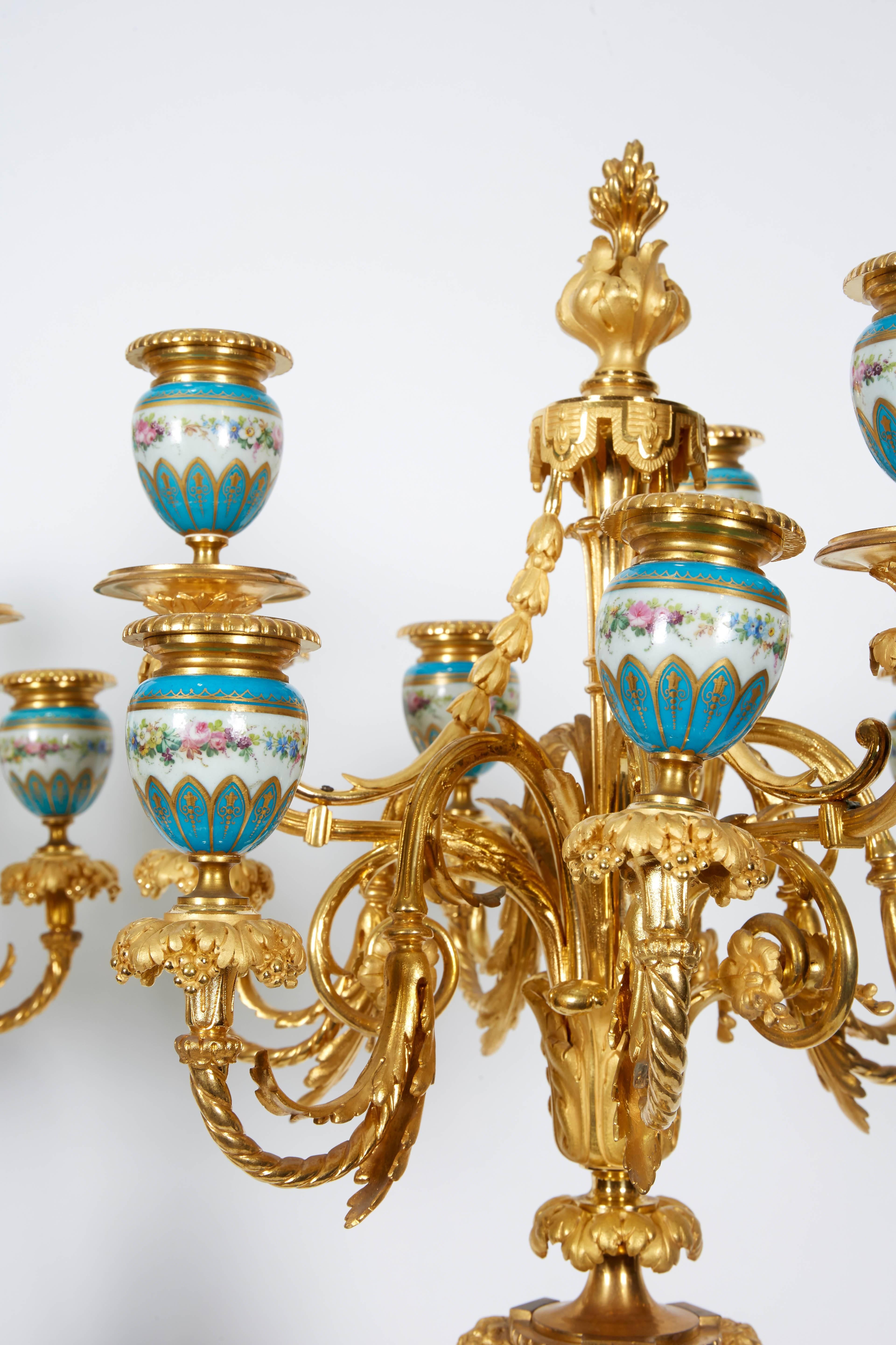 19th Century Exquisite Pair of French Ormolu and Turquoise Sevres Porcelain Candelabra