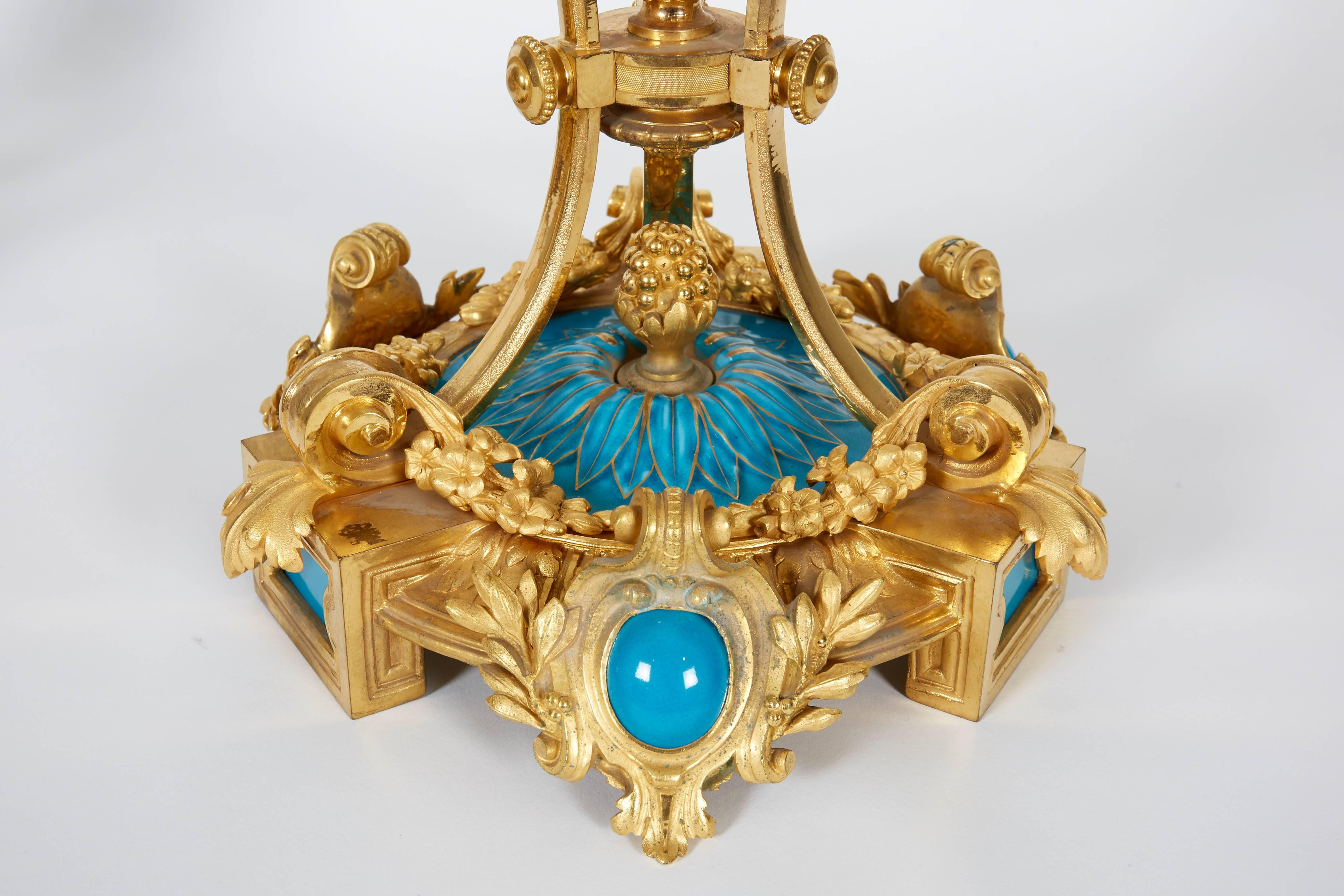 Exquisite Pair of French Ormolu and Turquoise Sevres Porcelain Candelabra 1