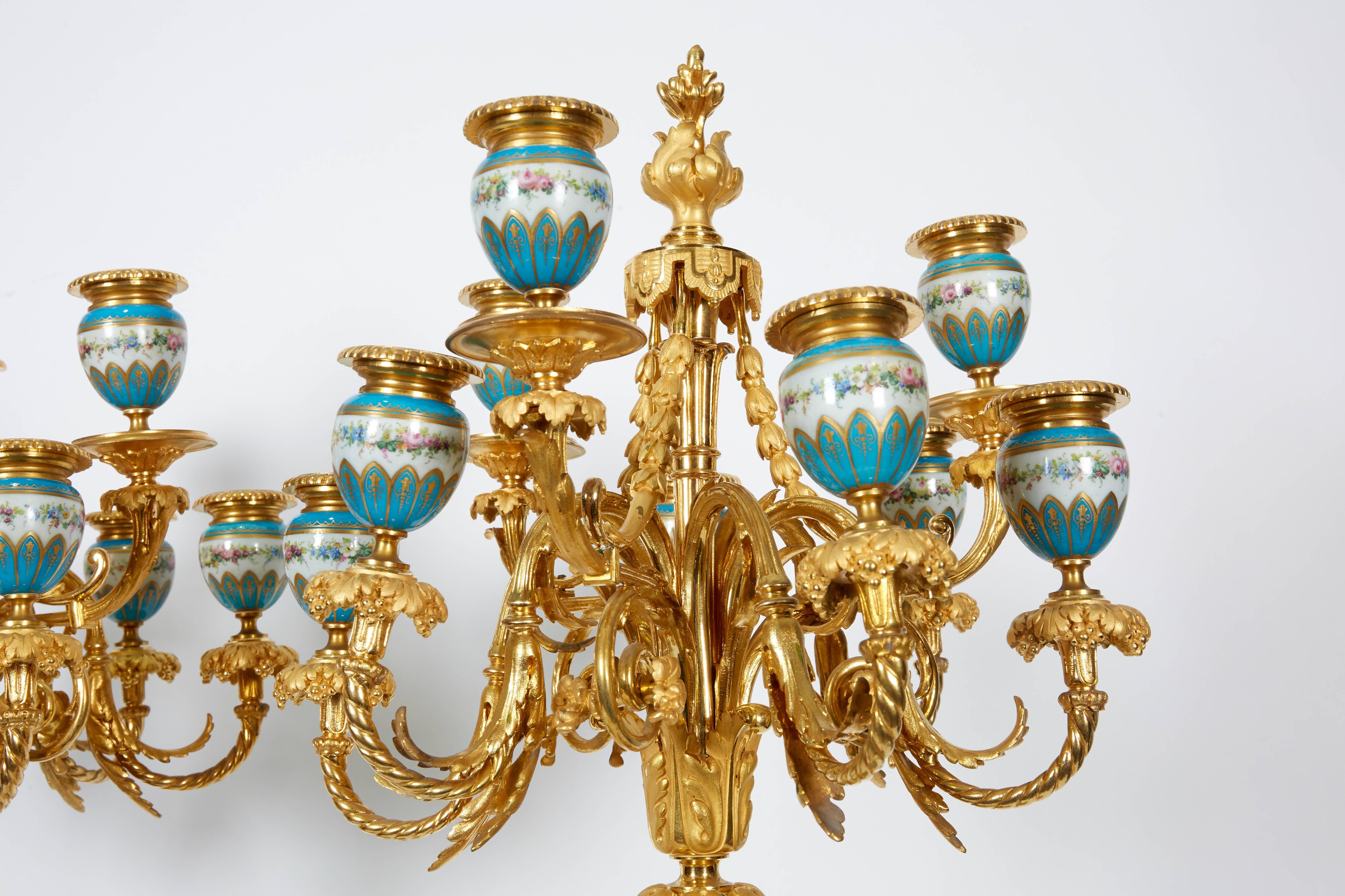 Exquisite Pair of French Ormolu and Turquoise Sevres Porcelain Candelabra 2