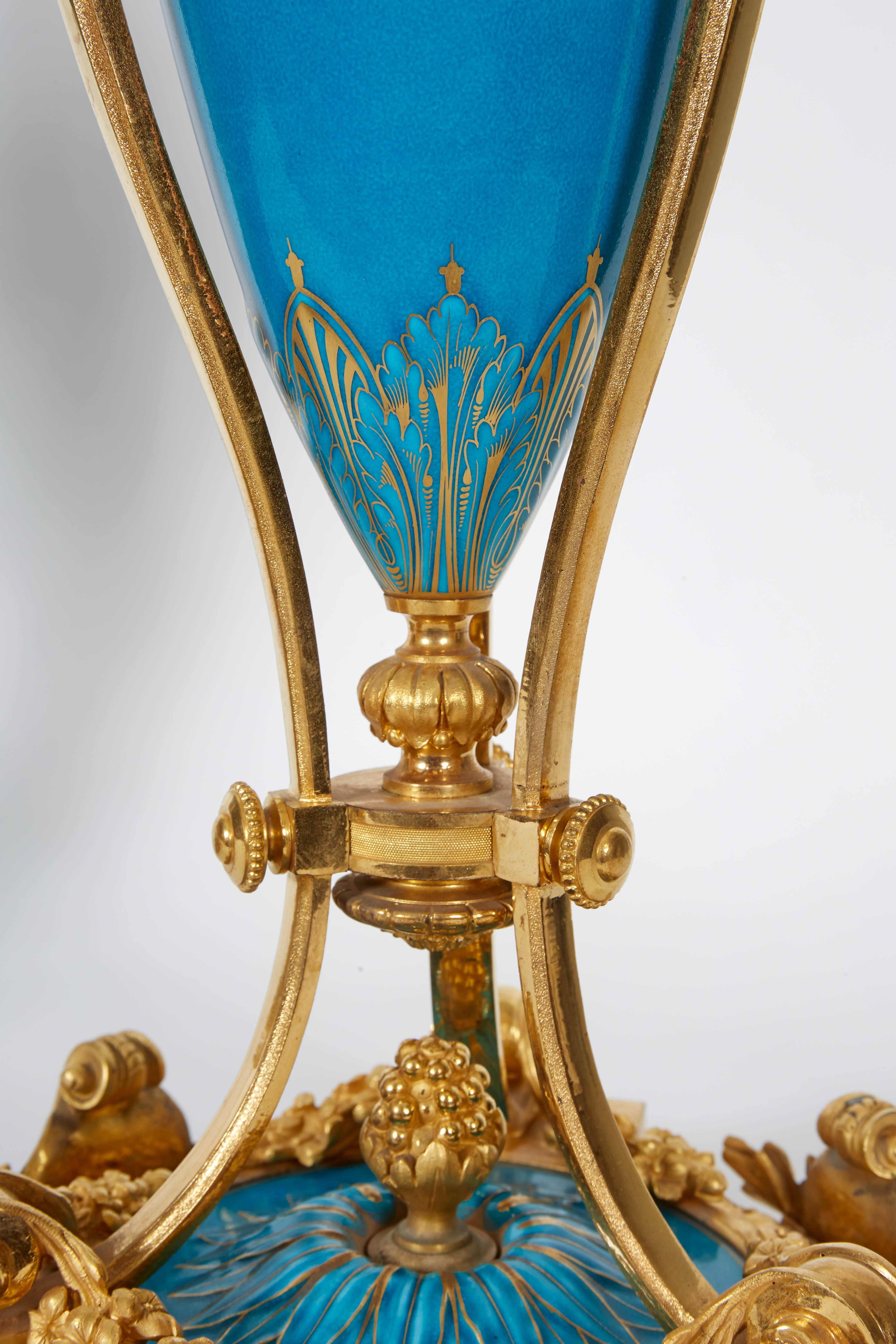 Exquisite Pair of French Ormolu and Turquoise Sevres Porcelain Candelabra 3