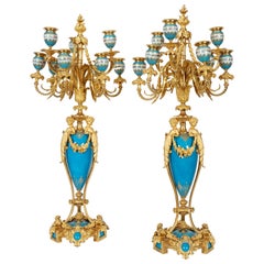 Exquisite Pair of French Ormolu and Turquoise Sevres Porcelain Candelabra
