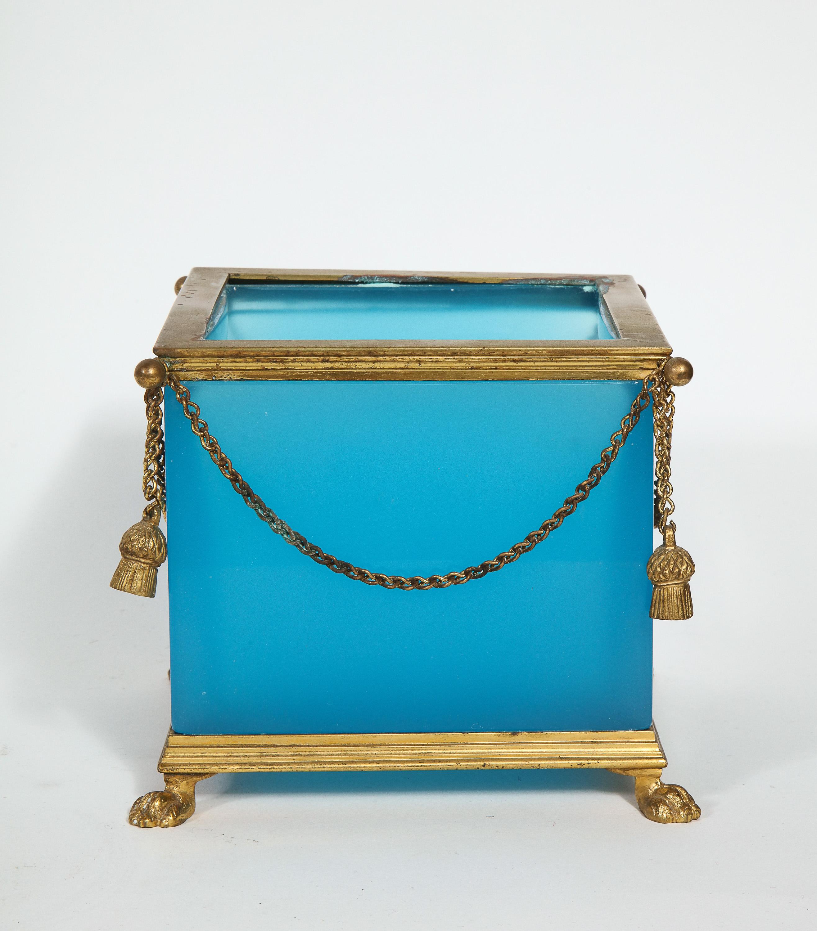 Exquisite Pair of French Ormolu Mounted Turquoise Blue Opaline Glass Jardinières 5