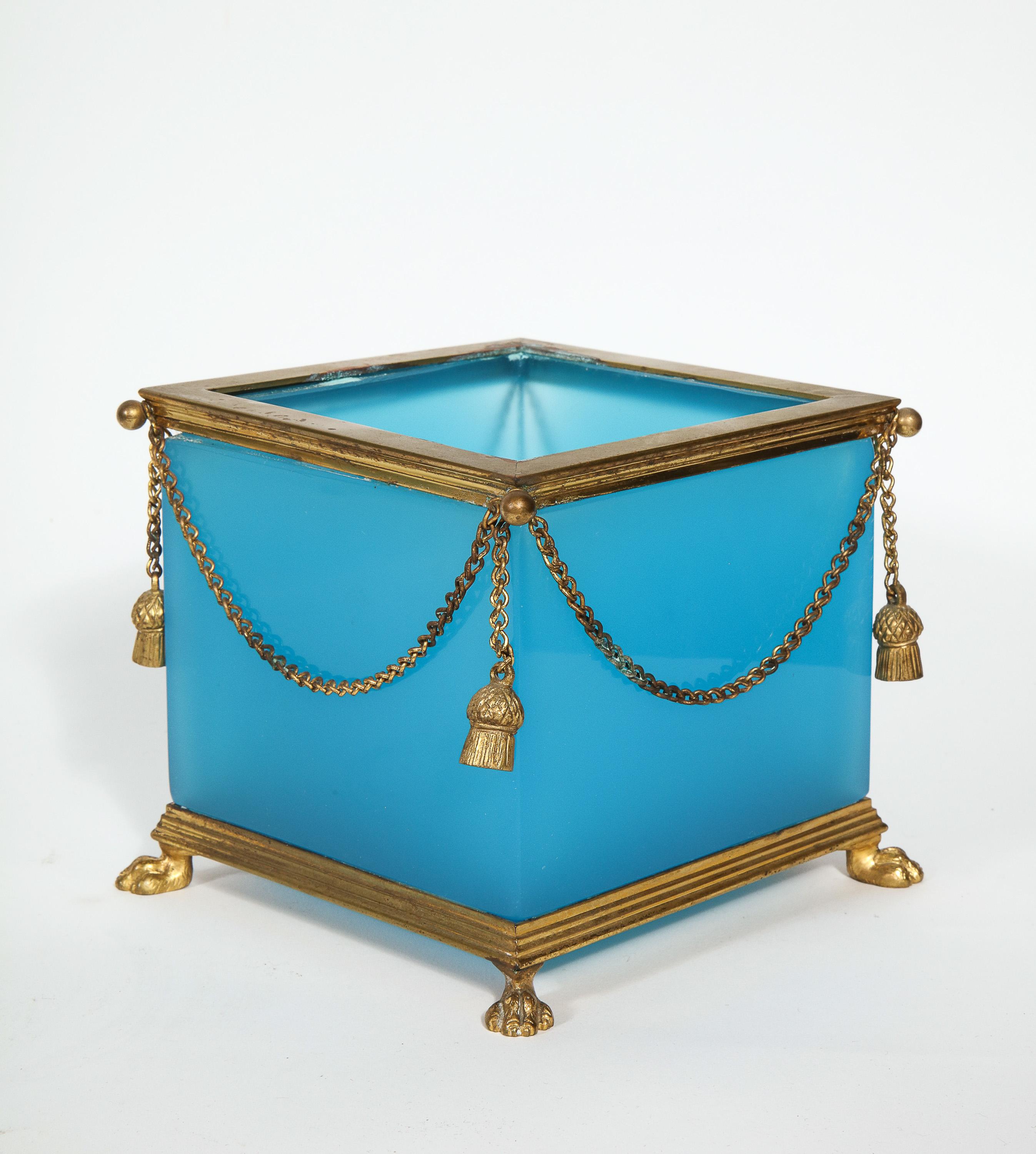 Exquisite Pair of French Ormolu Mounted Turquoise Blue Opaline Glass Jardinières 6