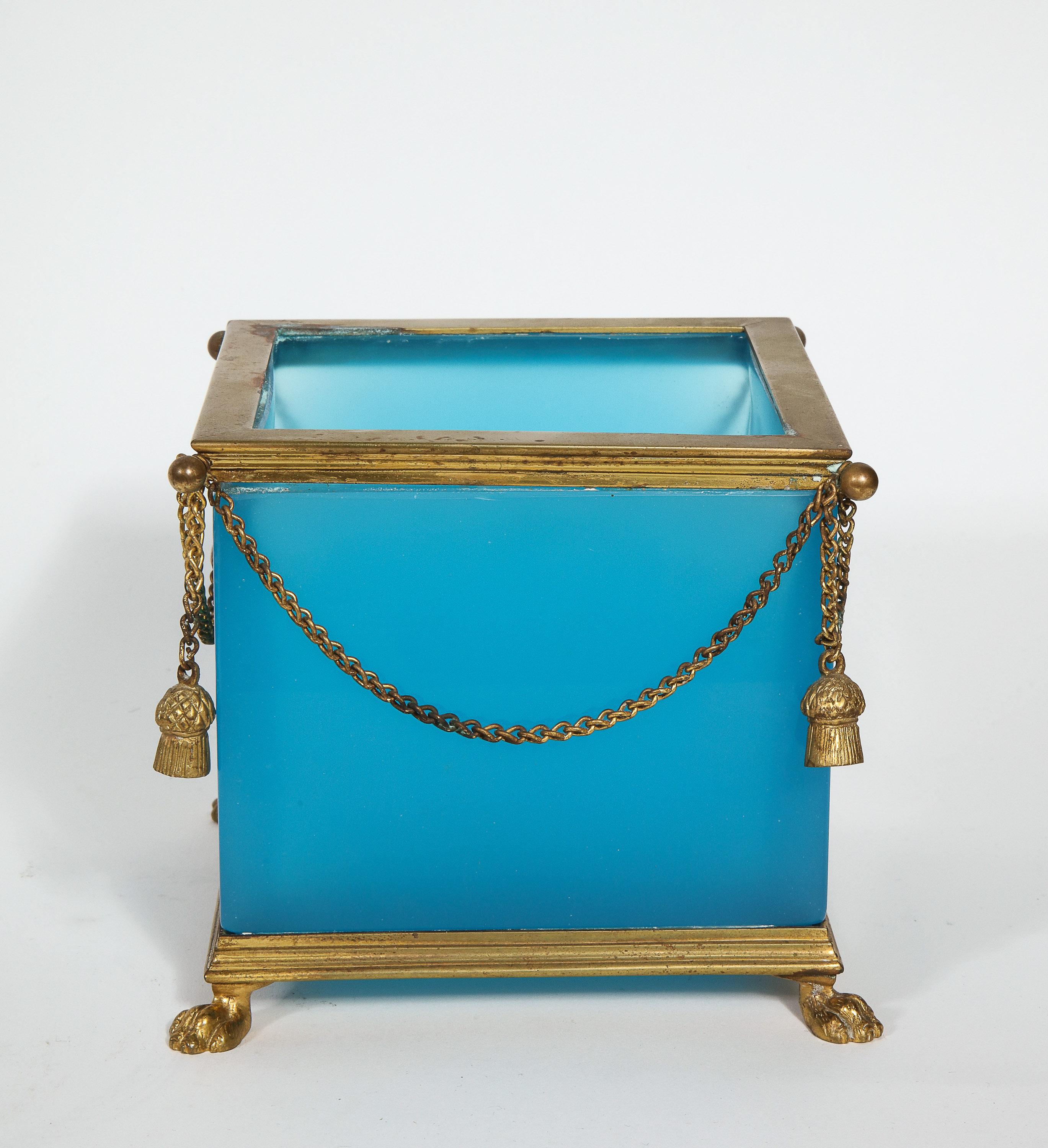 Exquisite Pair of French Ormolu Mounted Turquoise Blue Opaline Glass Jardinières 7