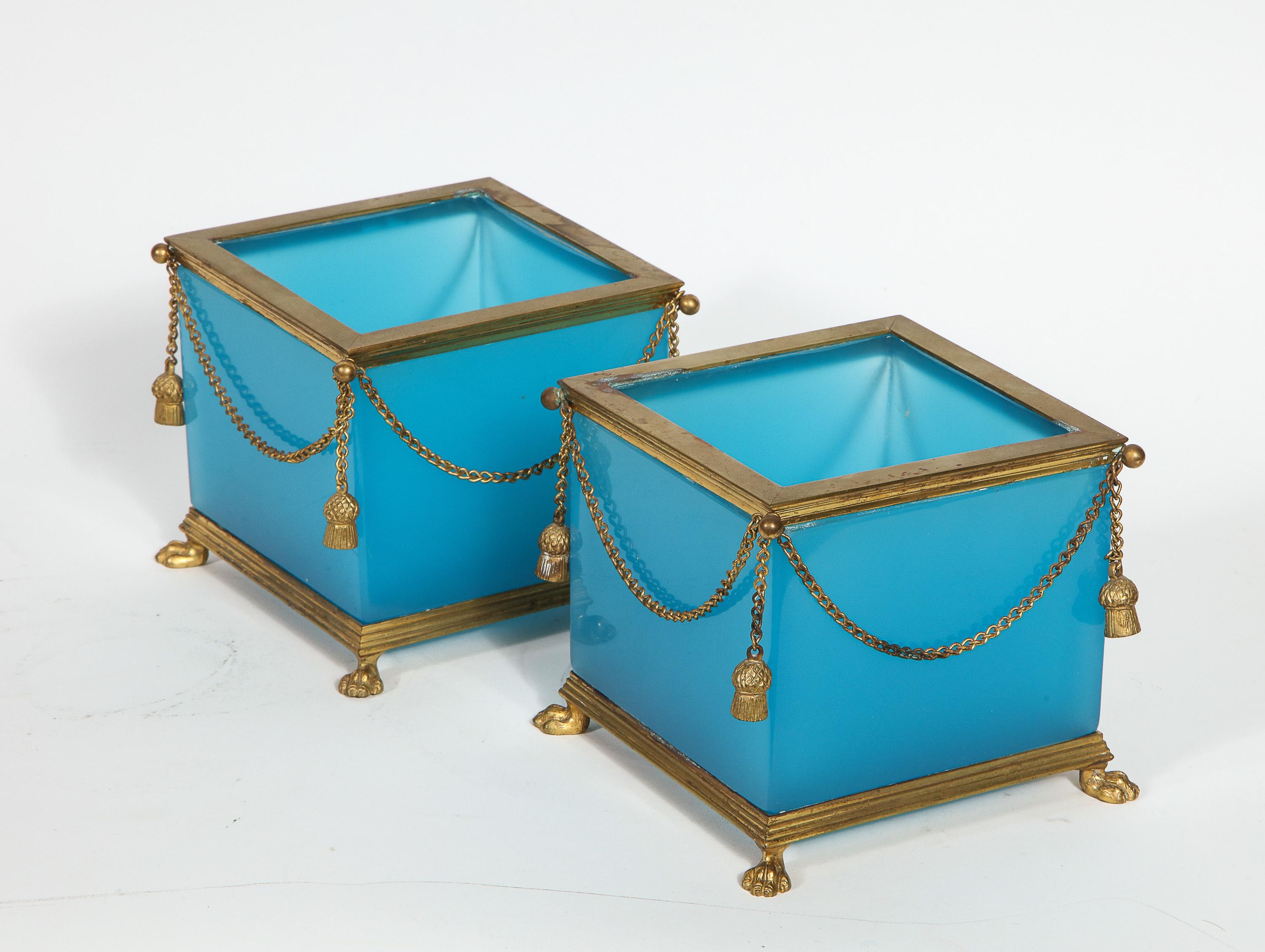 Exquisite Pair of French Ormolu Mounted Turquoise Blue Opaline Glass Jardinières 10