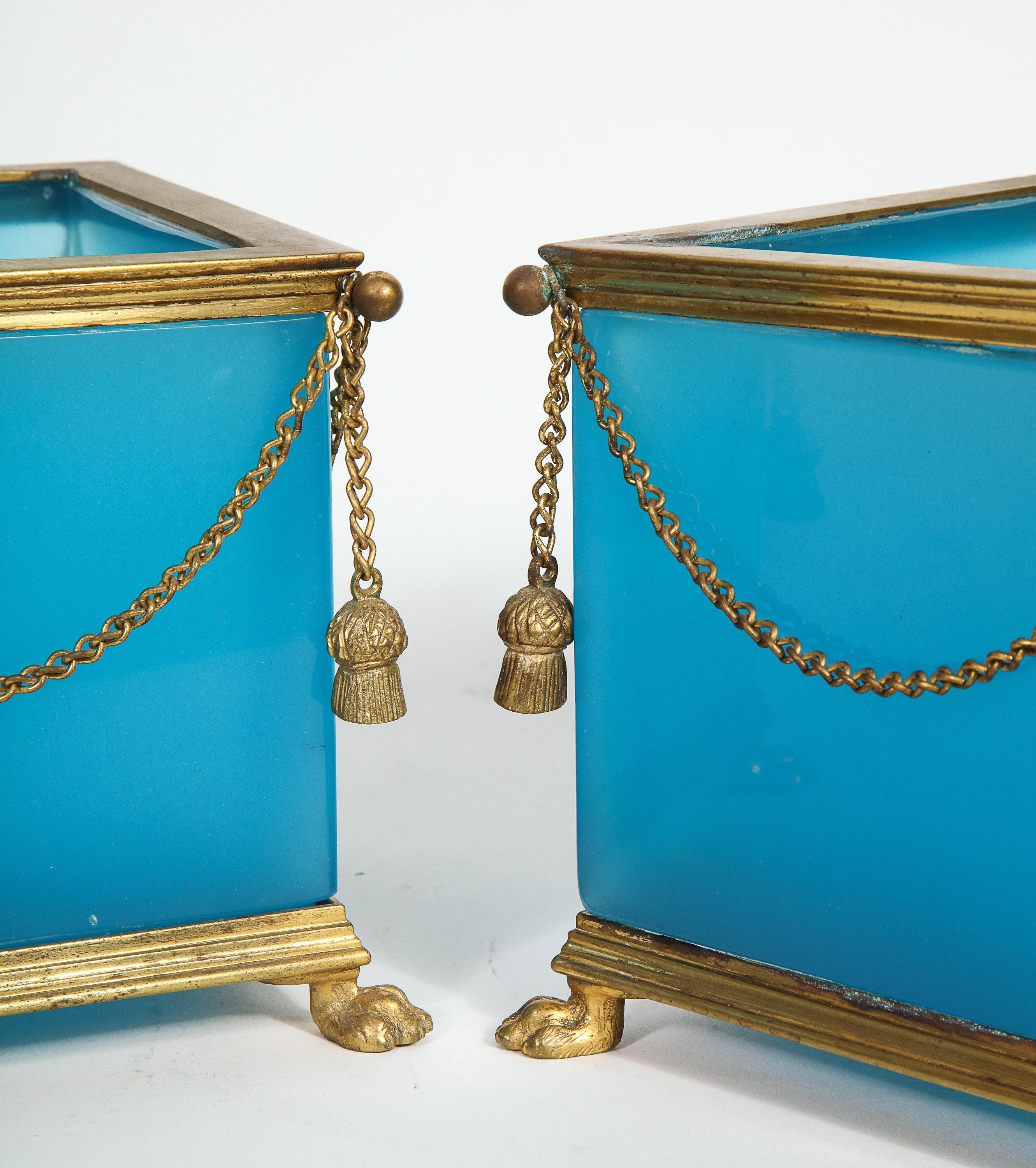 Exquisite Pair of French Ormolu Mounted Turquoise Blue Opaline Glass Jardinières 11