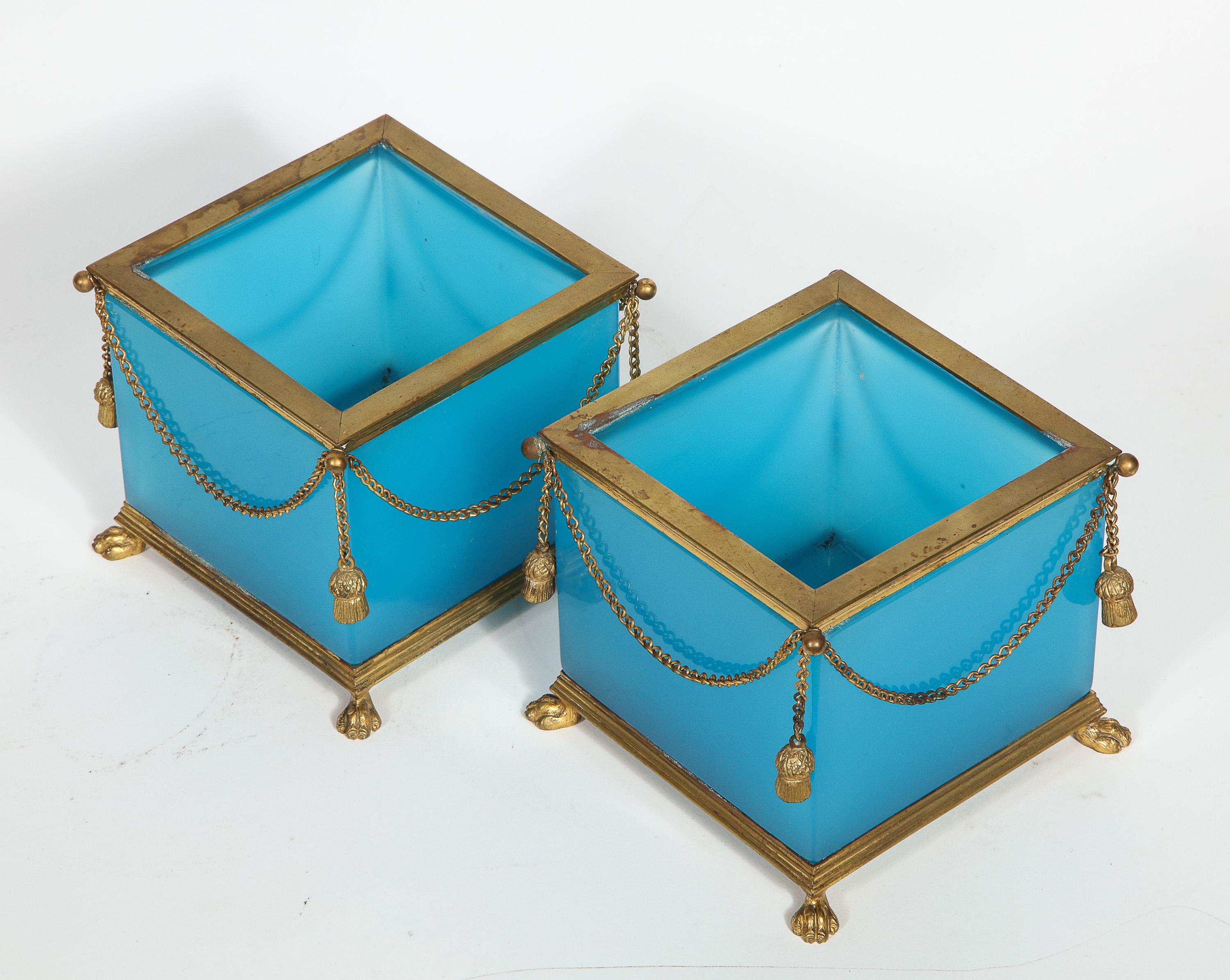 Exquisite Pair of French Ormolu Mounted Turquoise Blue Opaline Glass Jardinières 12