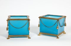 Exquisite Pair of French Ormolu Mounted Turquoise Blue Opaline Glass Jardinières
