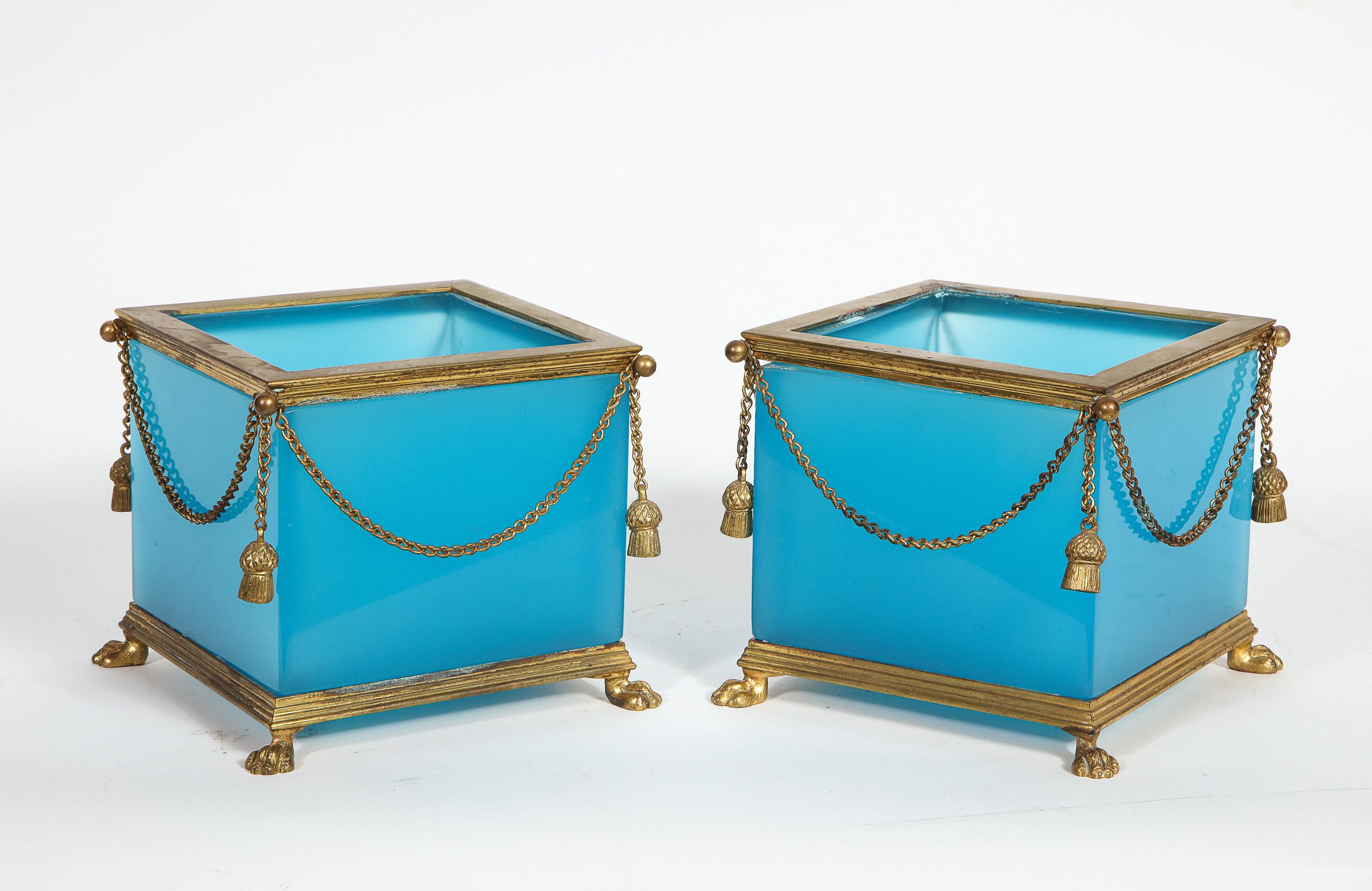 Napoleon III Exquisite Pair of French Ormolu Mounted Turquoise Blue Opaline Glass Jardinières