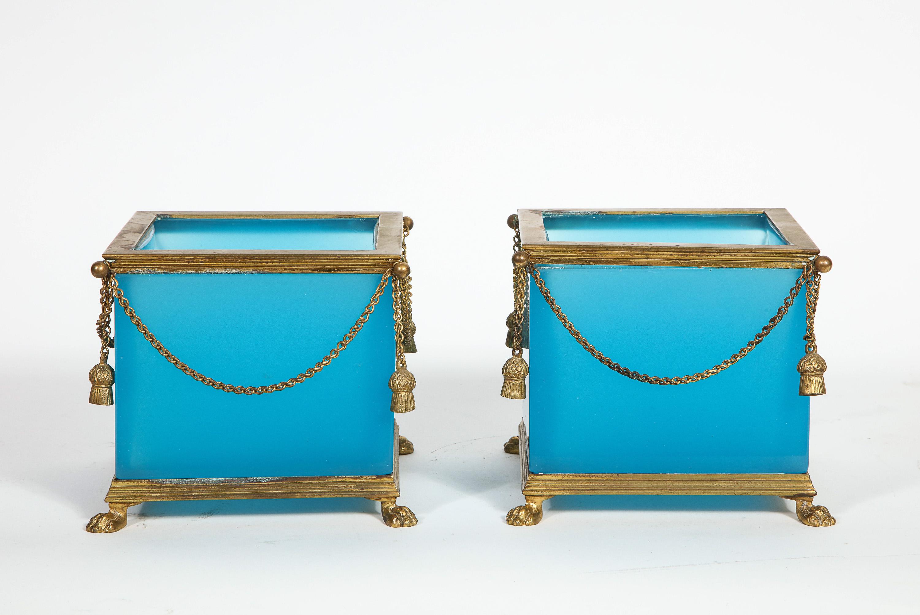 Exquisite Pair of French Ormolu Mounted Turquoise Blue Opaline Glass Jardinières In Good Condition In New York, NY