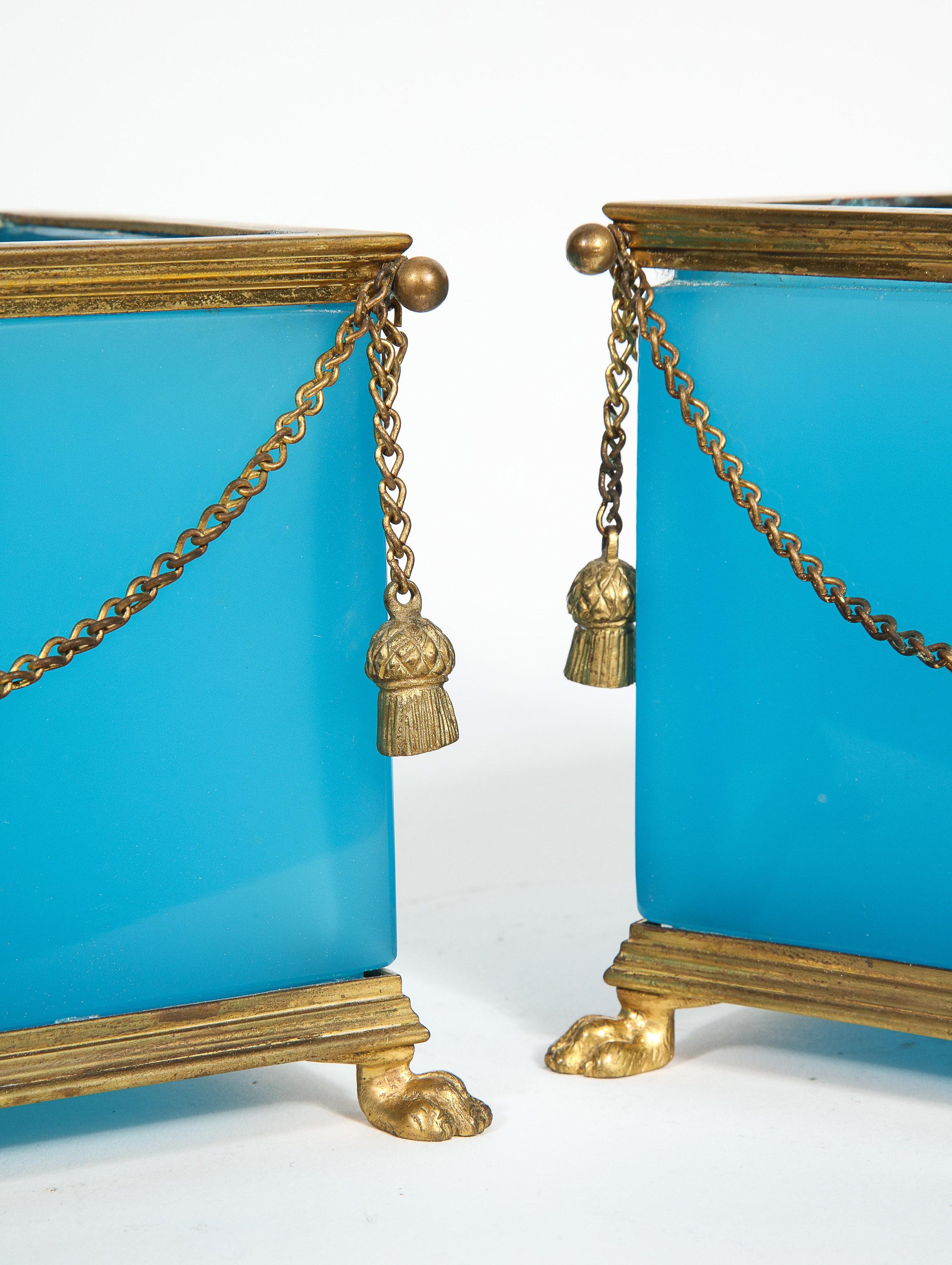 Exquisite Pair of French Ormolu Mounted Turquoise Blue Opaline Glass Jardinières 1