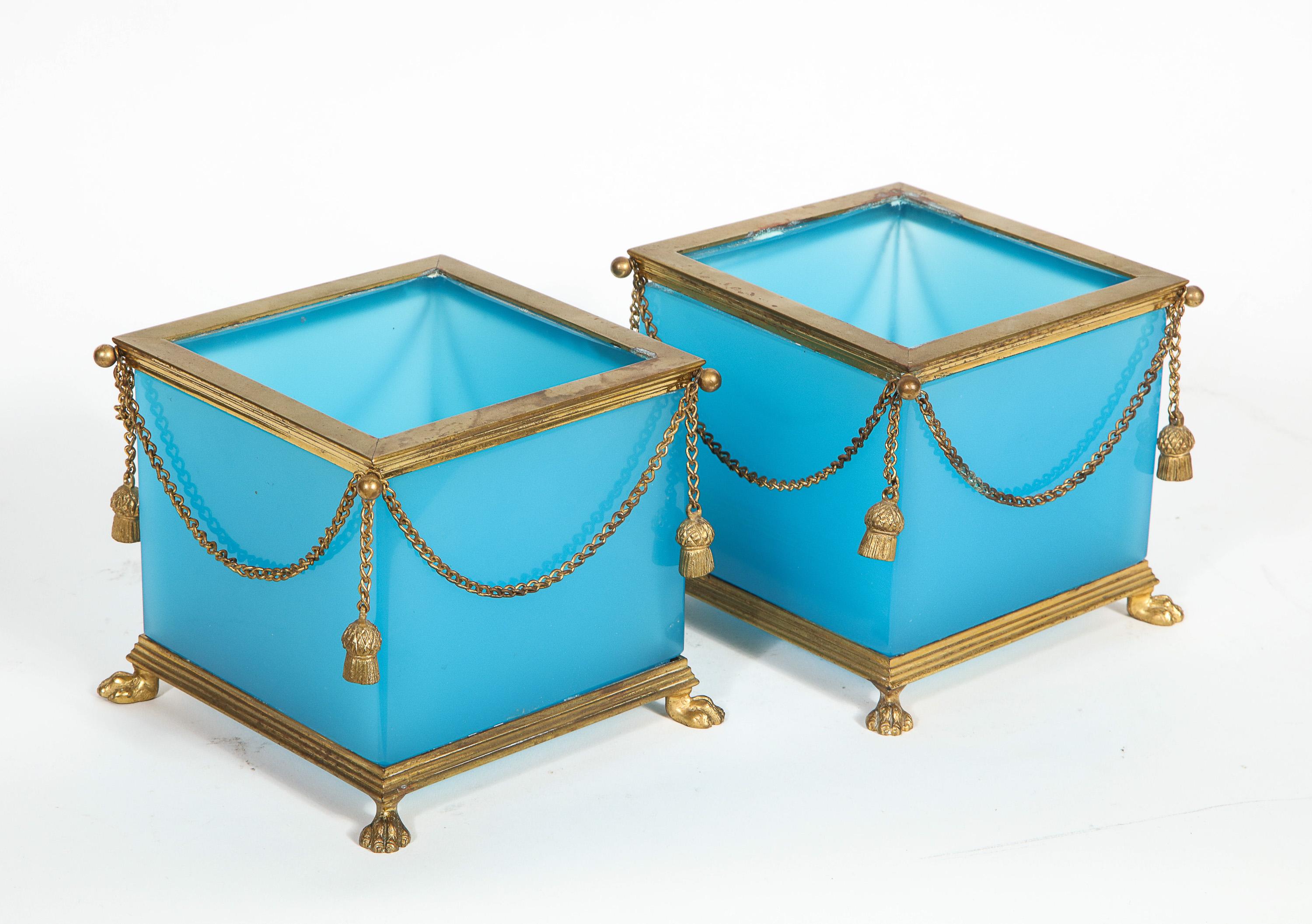 Exquisite Pair of French Ormolu Mounted Turquoise Blue Opaline Glass Jardinières 3