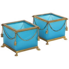 Exquisite Pair of French Ormolu Mounted Turquoise Blue Opaline Glass Jardinières