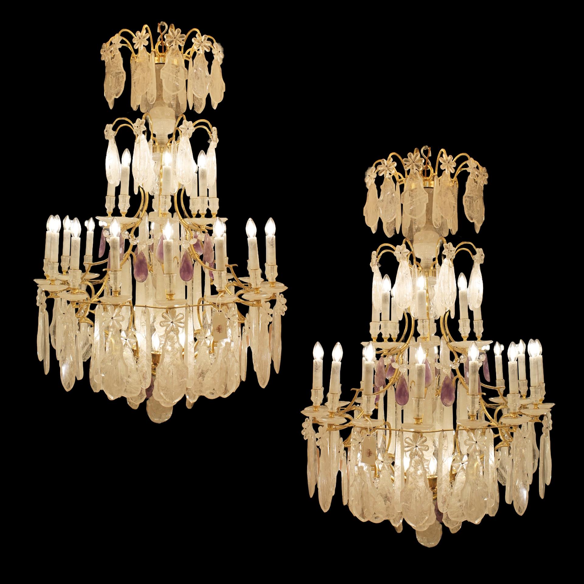 Beautiful French Bronze and Rock Crystal pair Chandeliers nd Amethyst For Sale 8