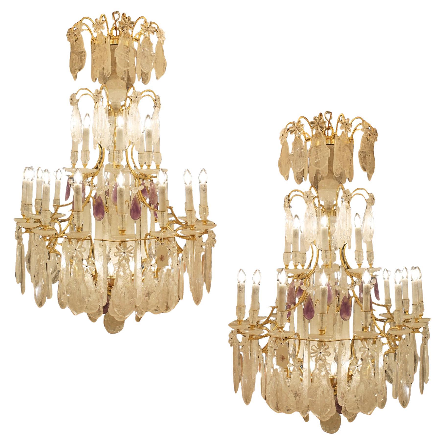 Beautiful French Bronze and Rock Crystal pair Chandeliers nd Amethyst For Sale