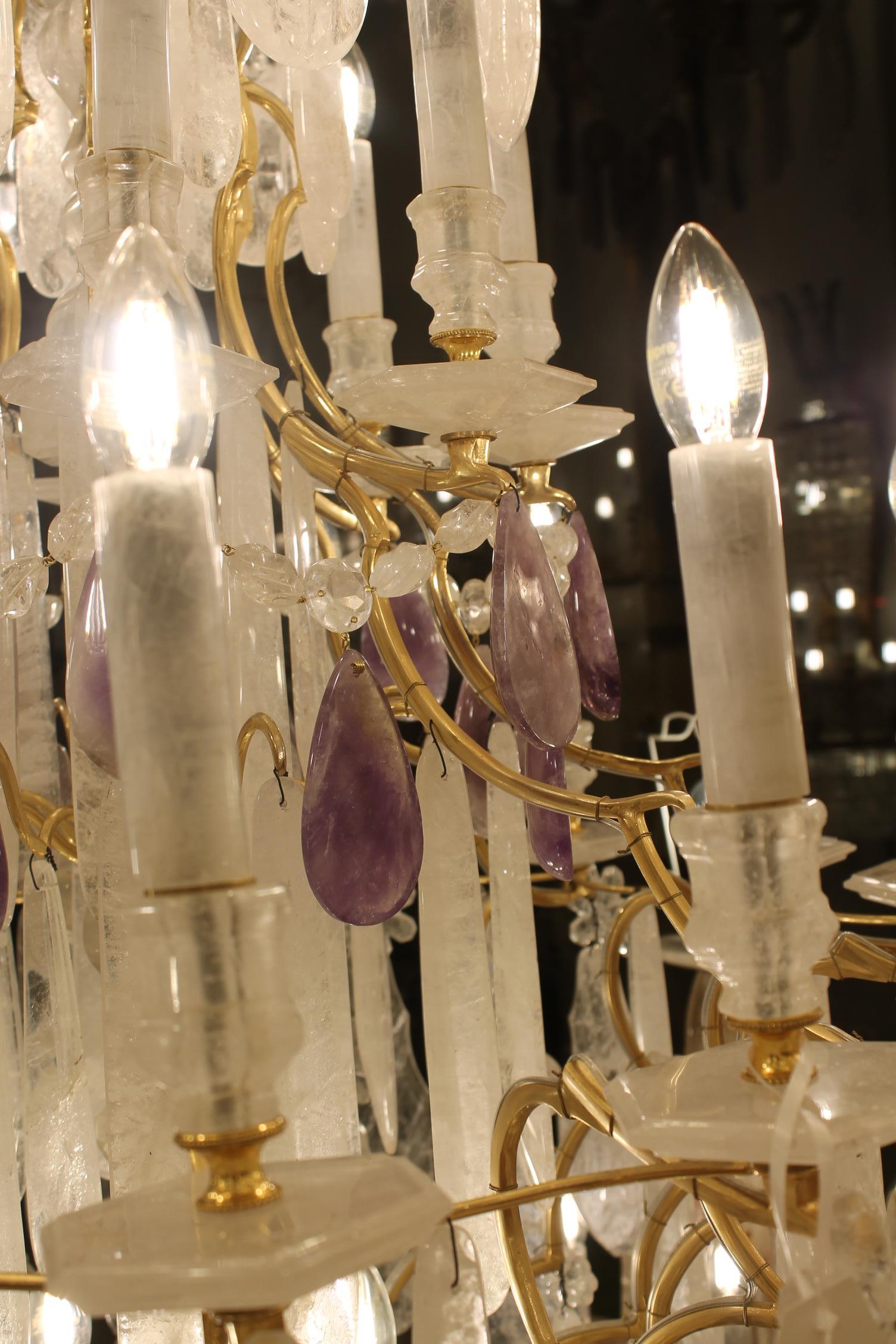 Brass Beautiful French Bronze and Rock Crystal pair Chandeliers nd Amethyst For Sale