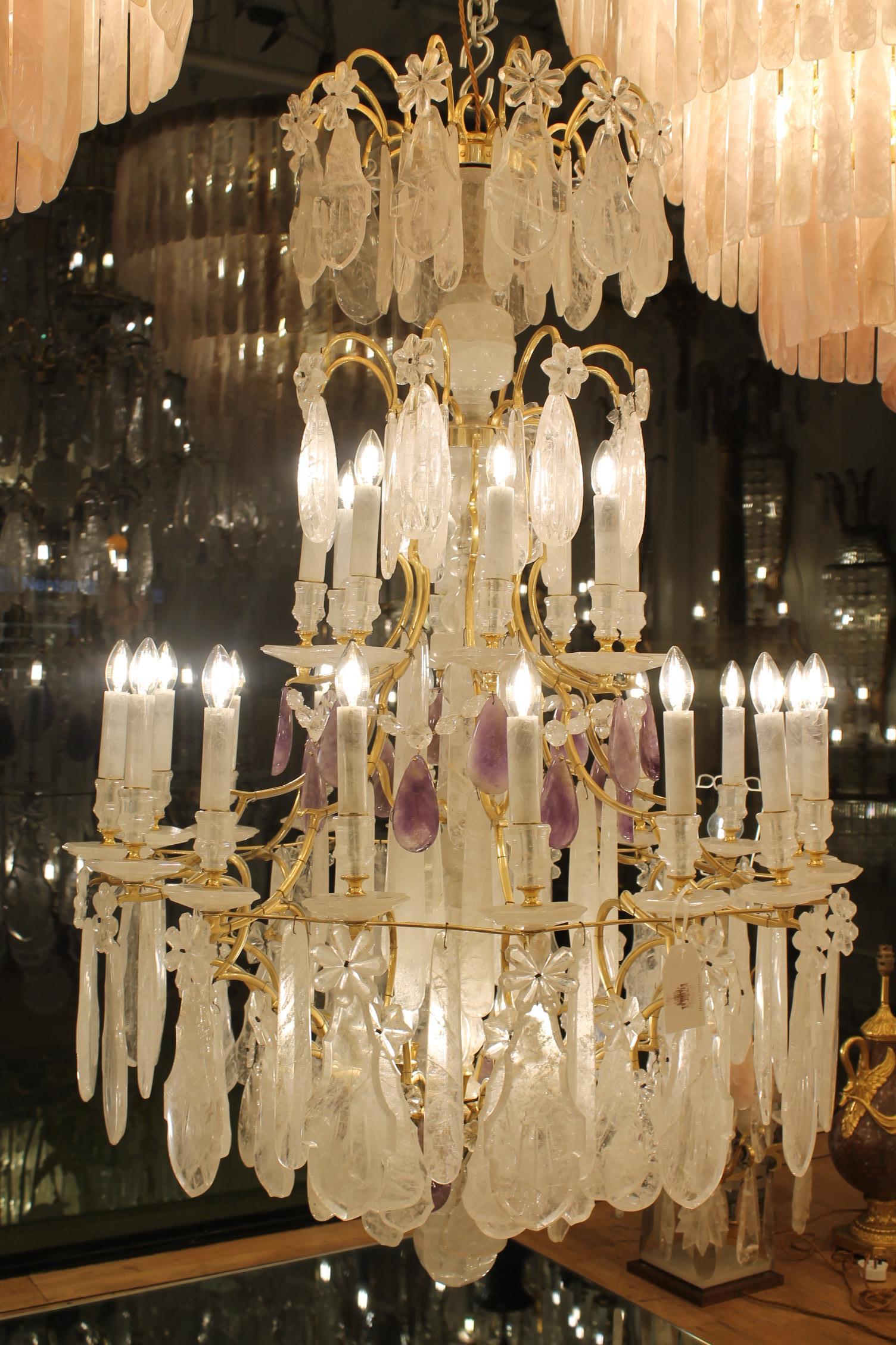 Beautiful French Bronze and Rock Crystal pair Chandeliers nd Amethyst For Sale 3
