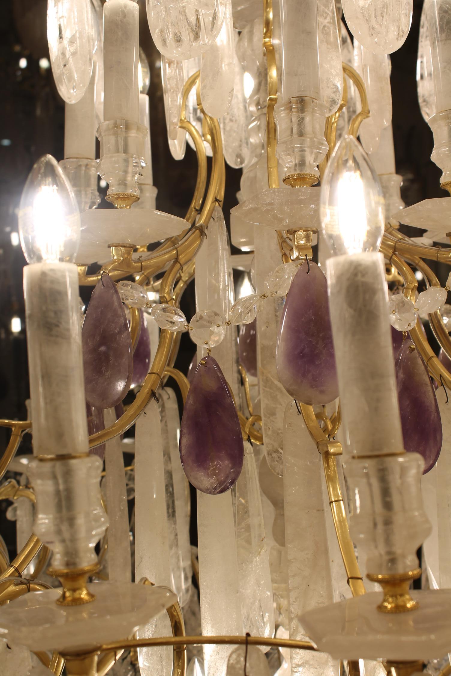 Beautiful French Bronze and Rock Crystal pair Chandeliers nd Amethyst For Sale 1