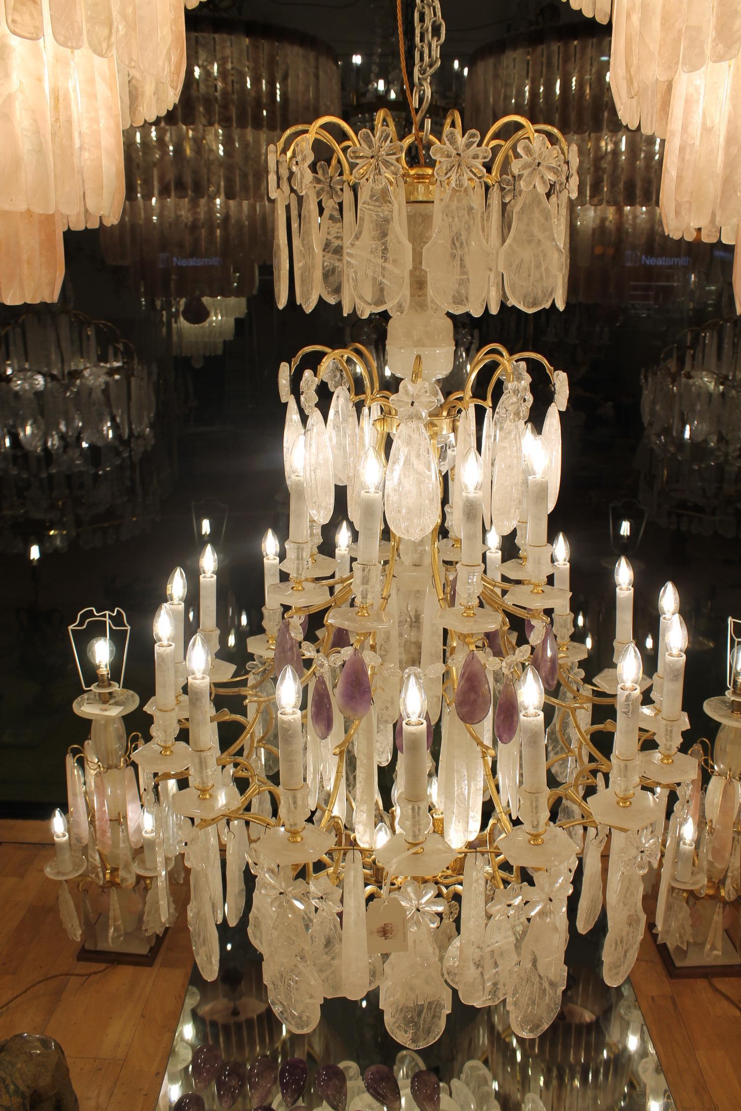 Beautiful French Bronze and Rock Crystal pair Chandeliers nd Amethyst For Sale 5