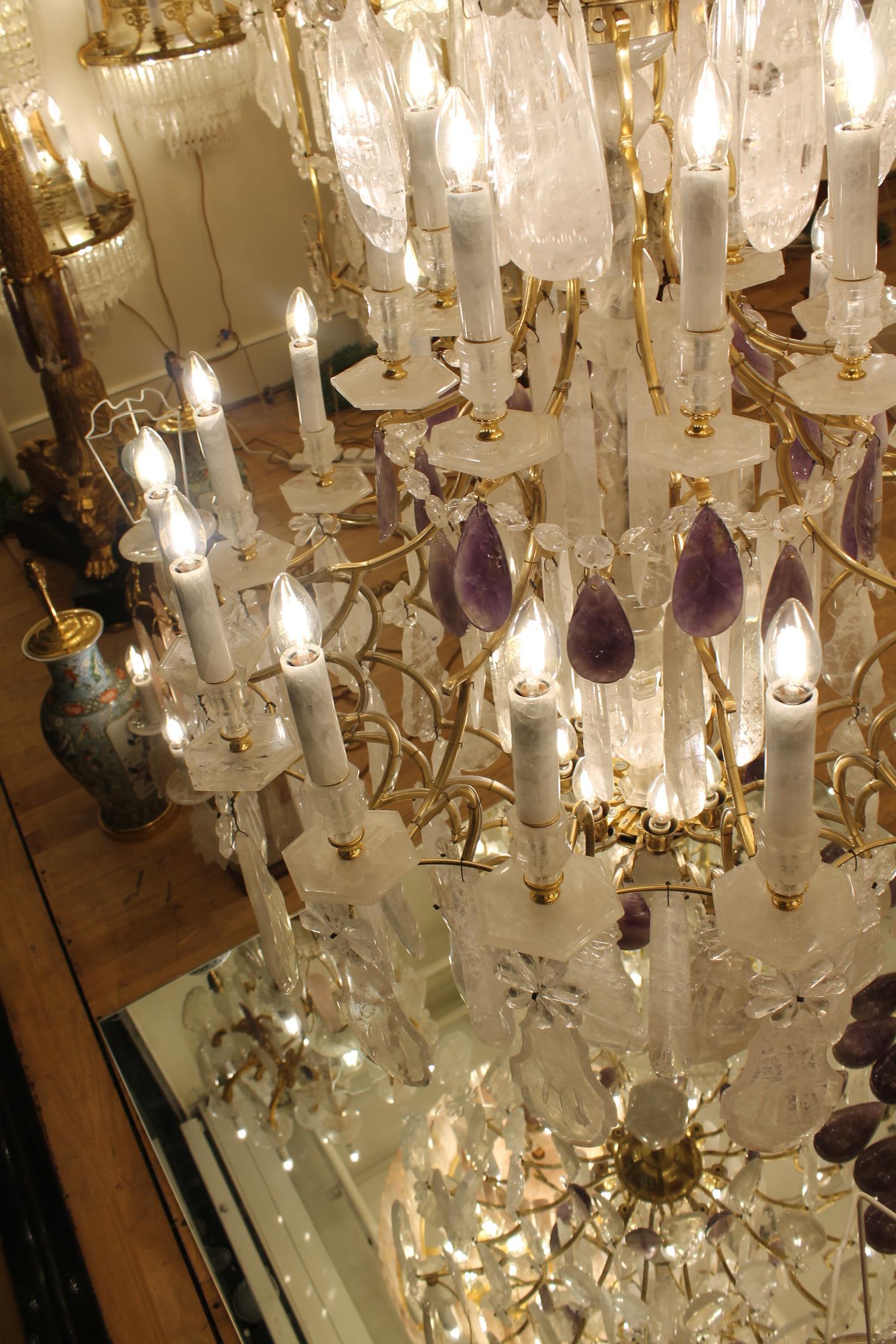 Beautiful French Bronze and Rock Crystal pair Chandeliers nd Amethyst For Sale 6