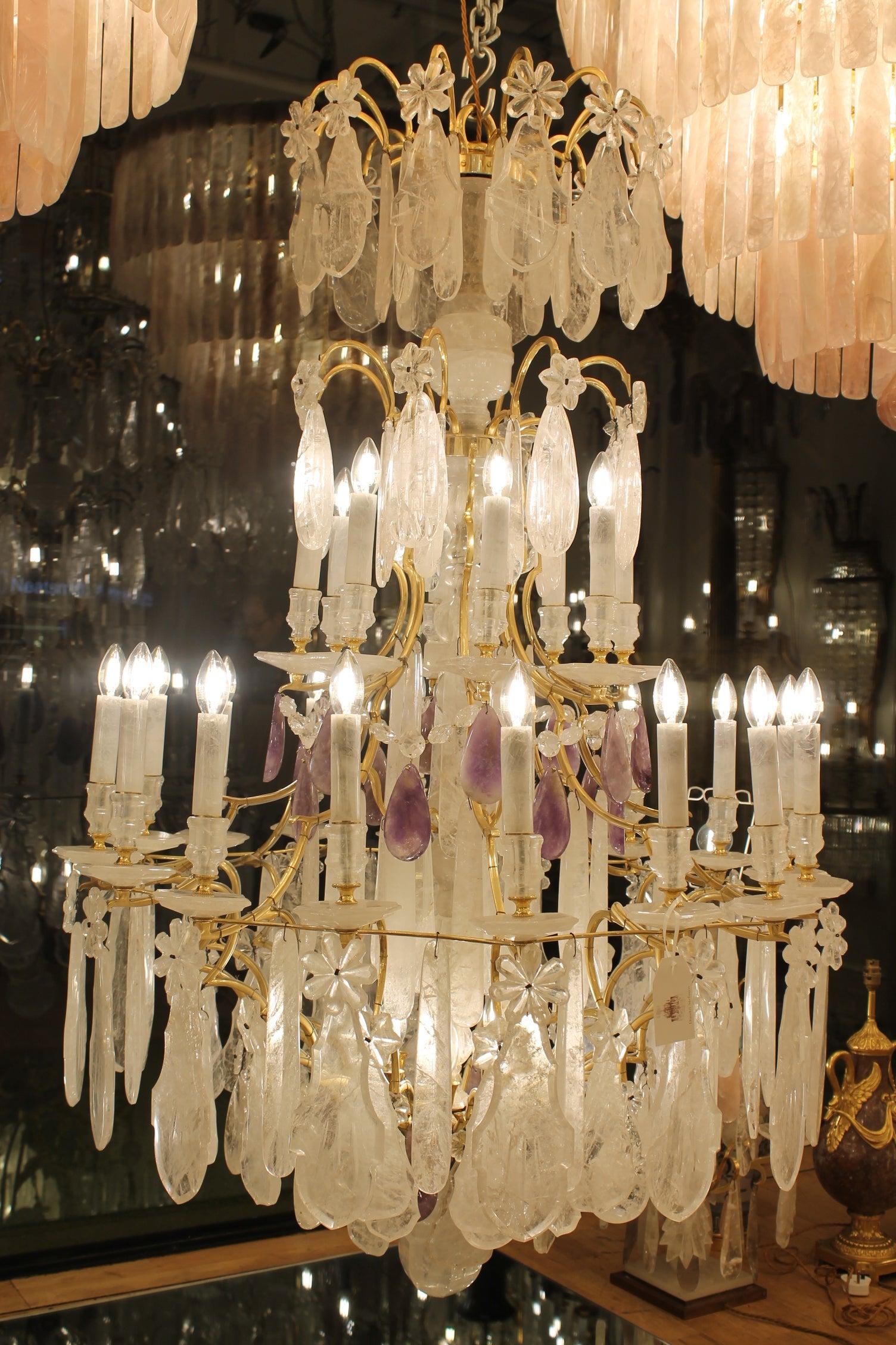 19th Century Style French Bronze and Rock Crystal Chandelier and Amethyst large two-tier chandeliers with outward triple curving arms tied in with a fine framework festooned with large rock crystal plaques with faceted borders. The rock crystal