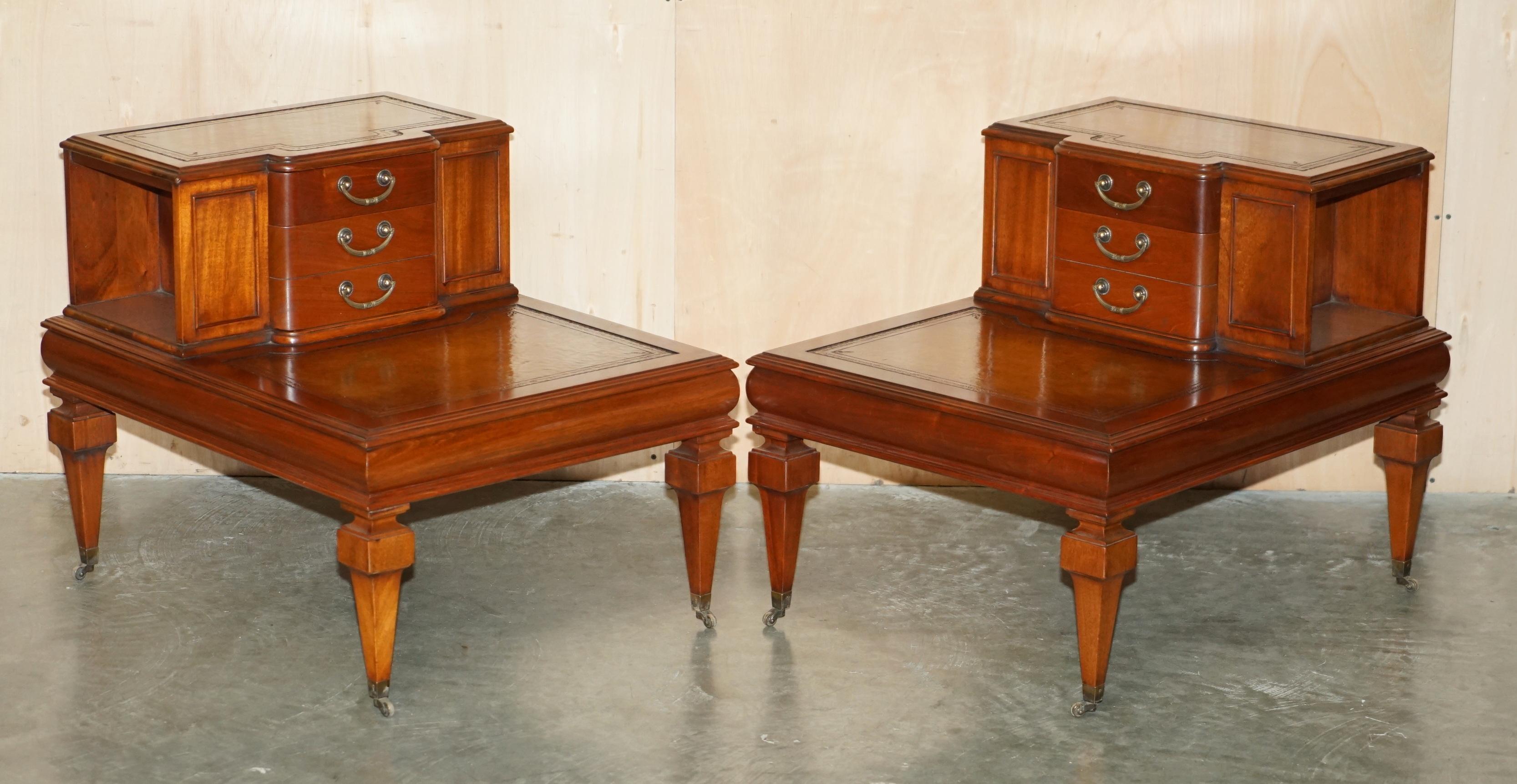 Royal House Antiques

Royal House Antiques is delighted to offer for sale this absolutely exquisite pair of fully restored side tables each with twin drawers and bookcases sections to the sides with new Cattle hide leather, gold leaf tooled, hand
