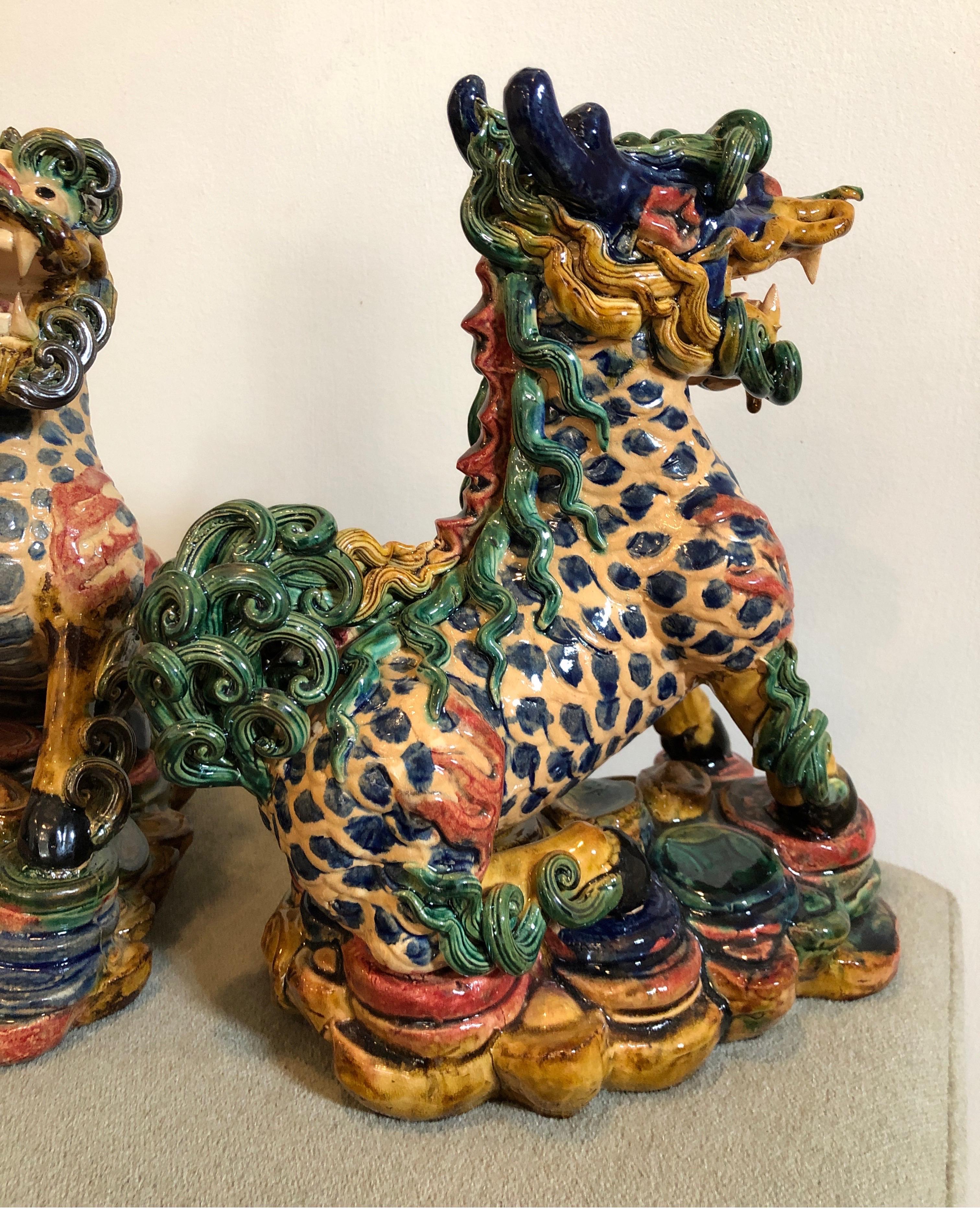 Exquisite Pair of Glazed Porcelain Foo Dogs In Good Condition For Sale In Los Angeles, CA