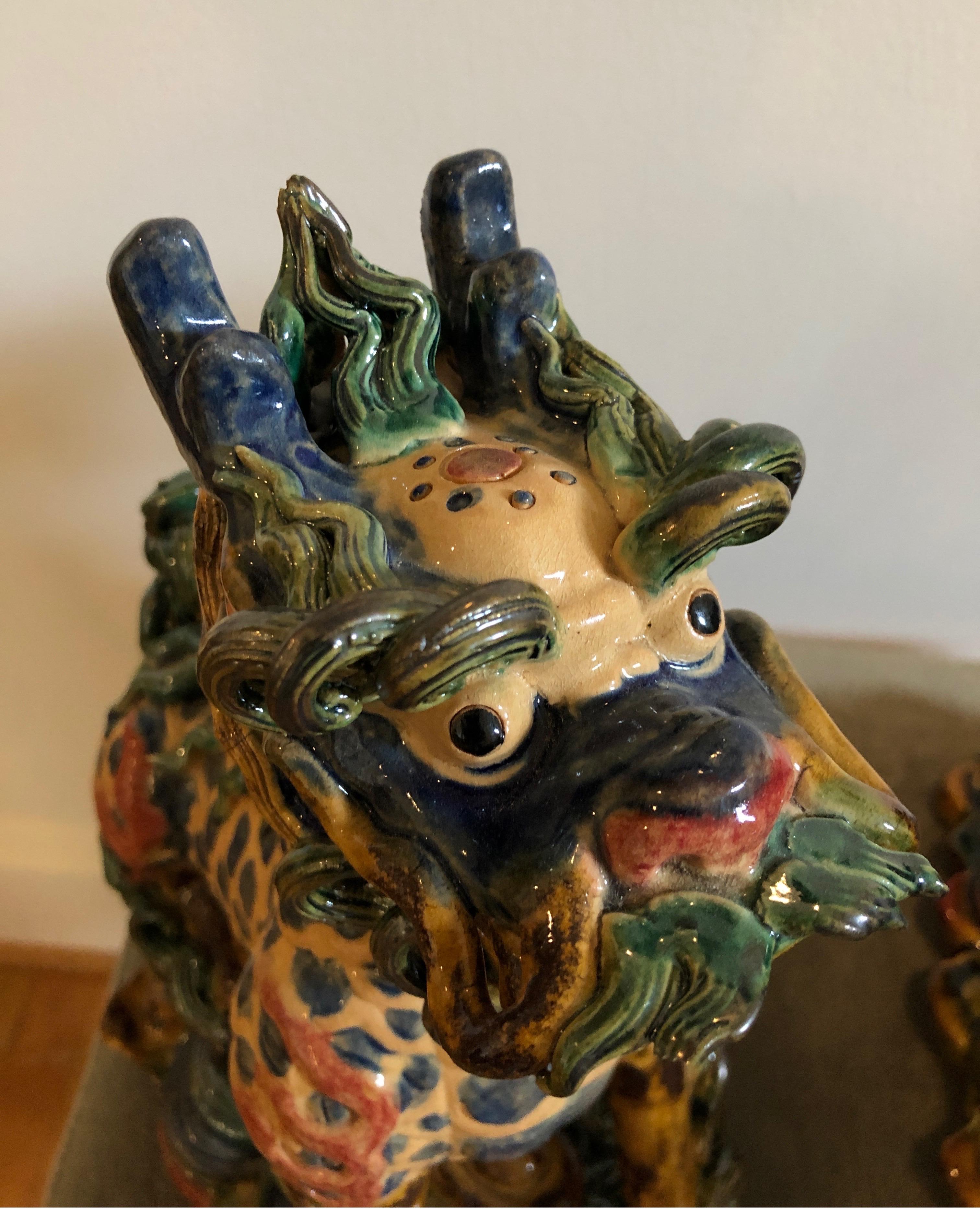 Exquisite Pair of Glazed Porcelain Foo Dogs For Sale 1