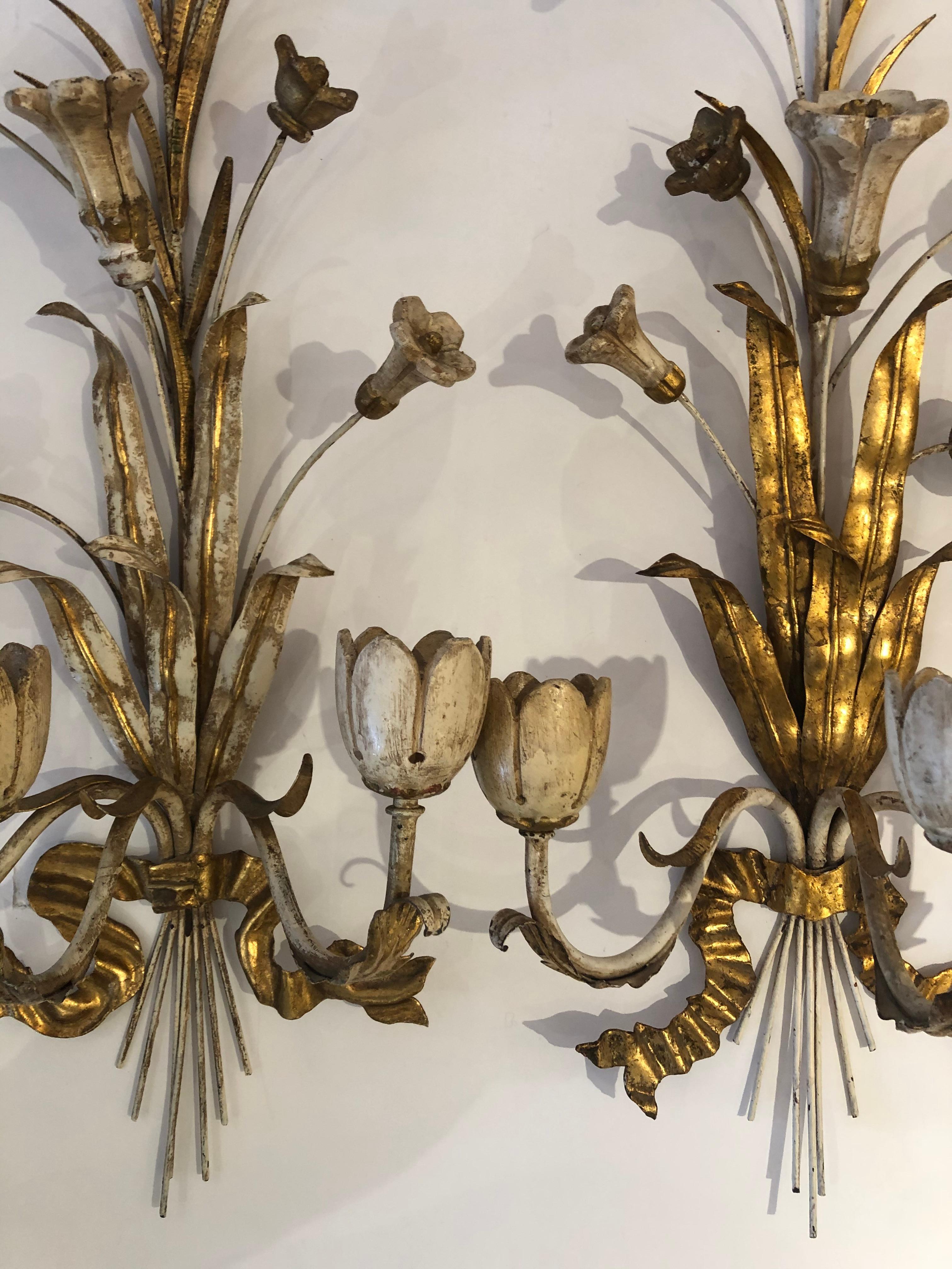 Exquisite Pair of Gold Gilt Iron Carved Wood French Tulip Motife Candle Sconces 5