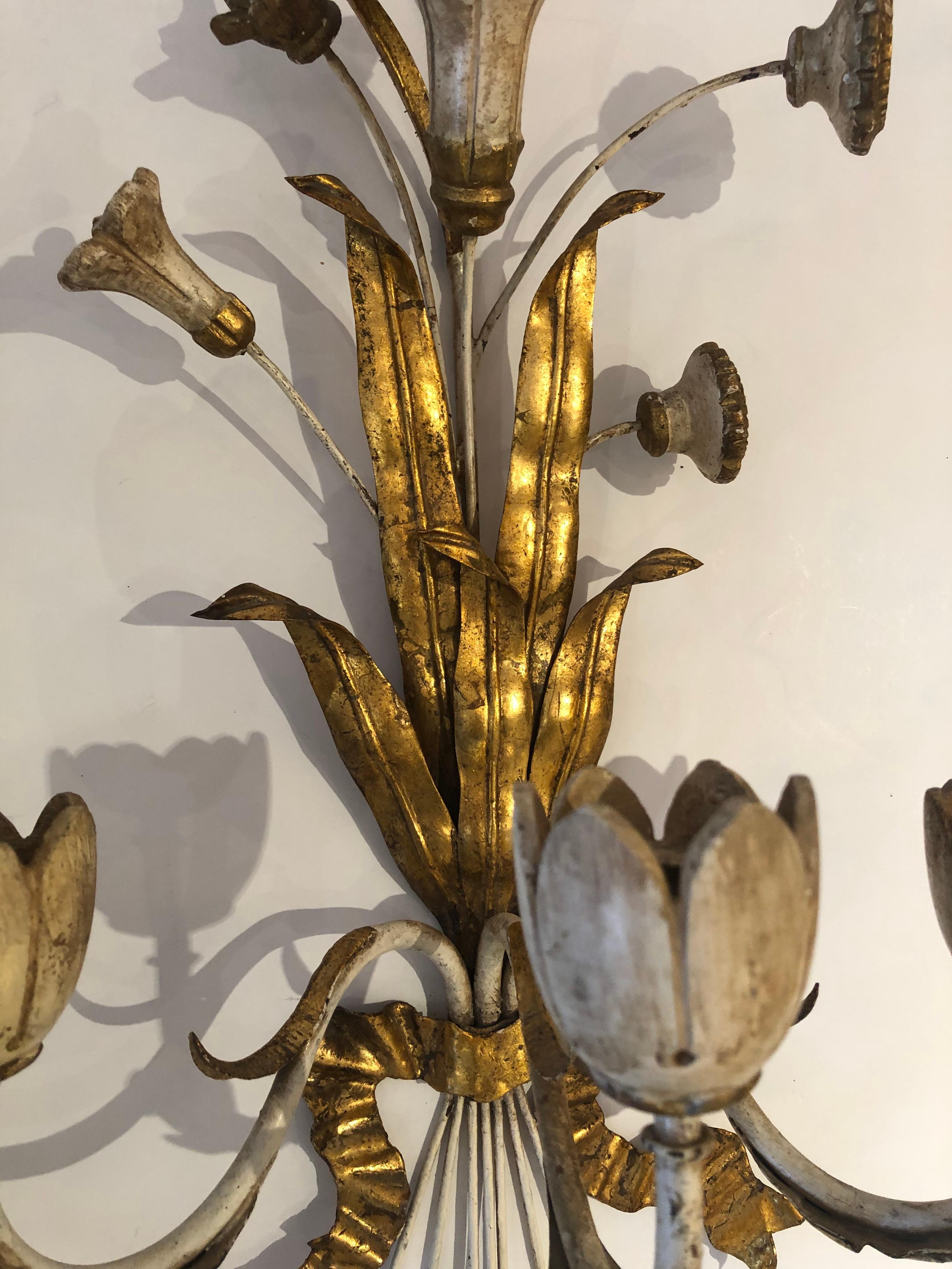 Exquisite Pair of Gold Gilt Iron Carved Wood French Tulip Motife Candle Sconces 6