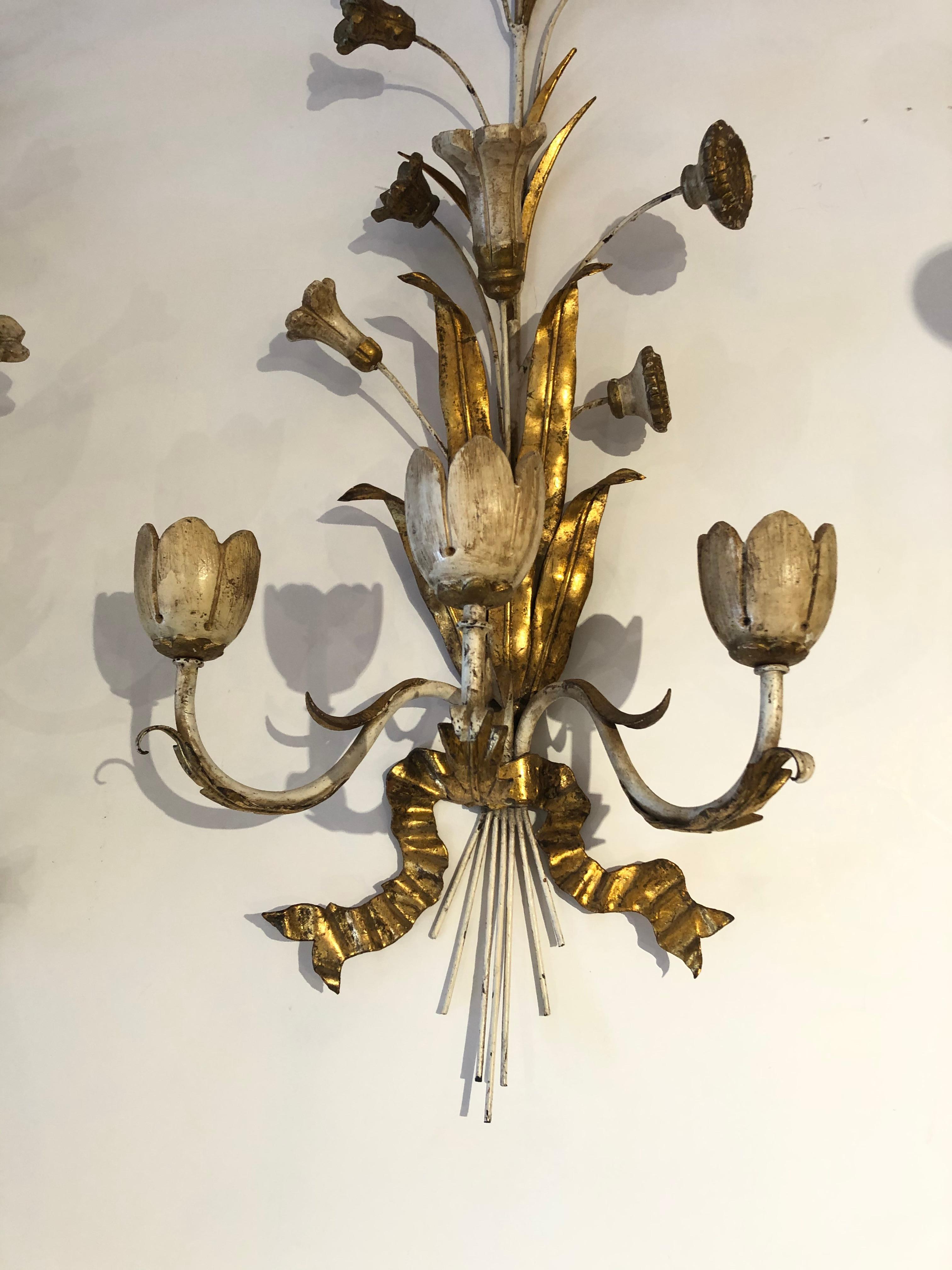 Giltwood Exquisite Pair of Gold Gilt Iron Carved Wood French Tulip Motife Candle Sconces