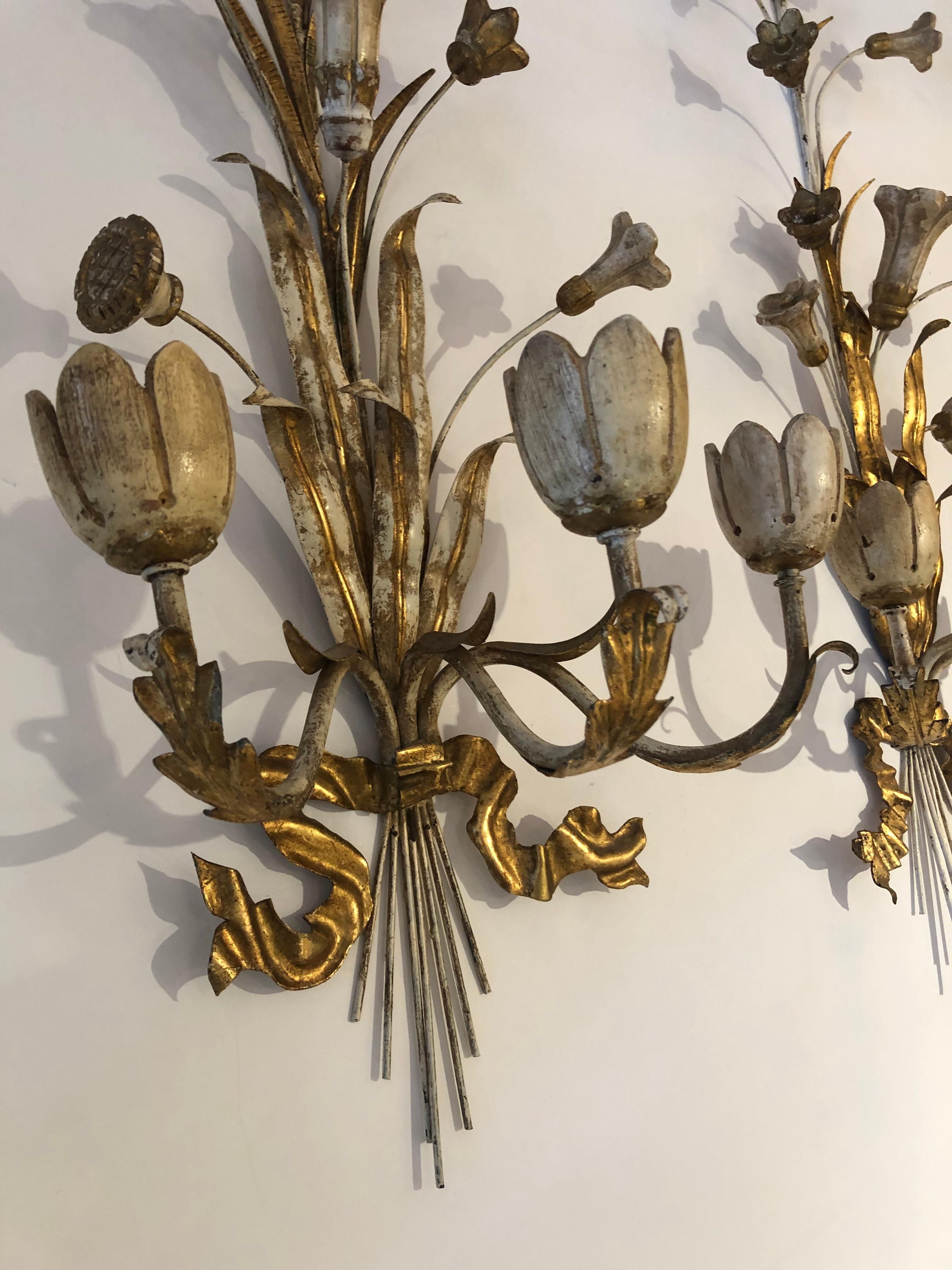 Exquisite Pair of Gold Gilt Iron Carved Wood French Tulip Motife Candle Sconces 2
