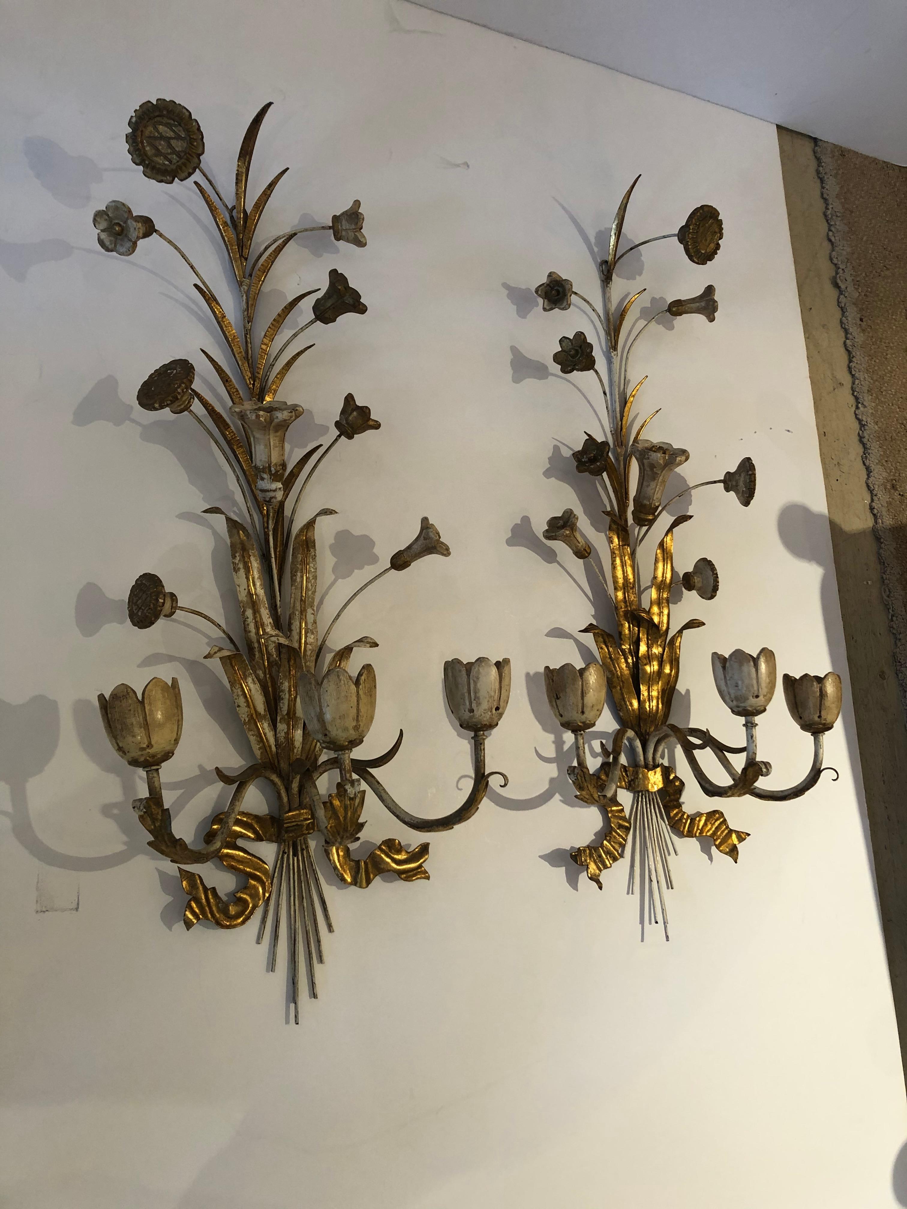 Exquisite Pair of Gold Gilt Iron Carved Wood French Tulip Motife Candle Sconces 4