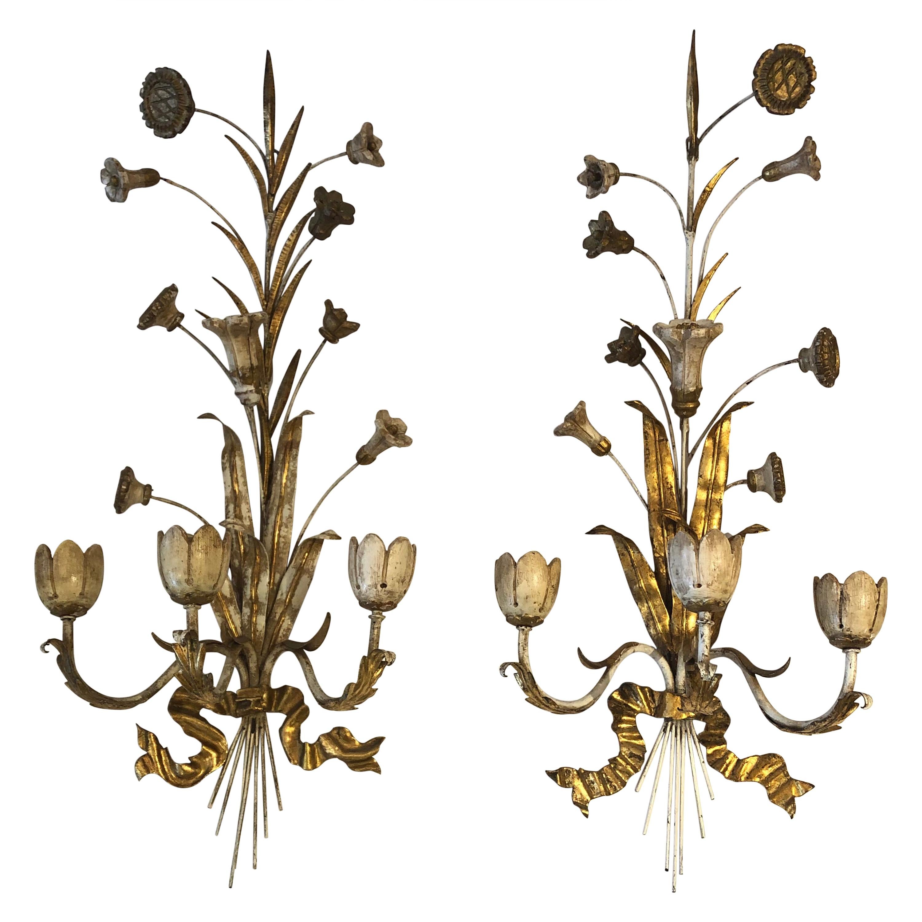 Exquisite Pair of Gold Gilt Iron Carved Wood French Tulip Motife Candle Sconces