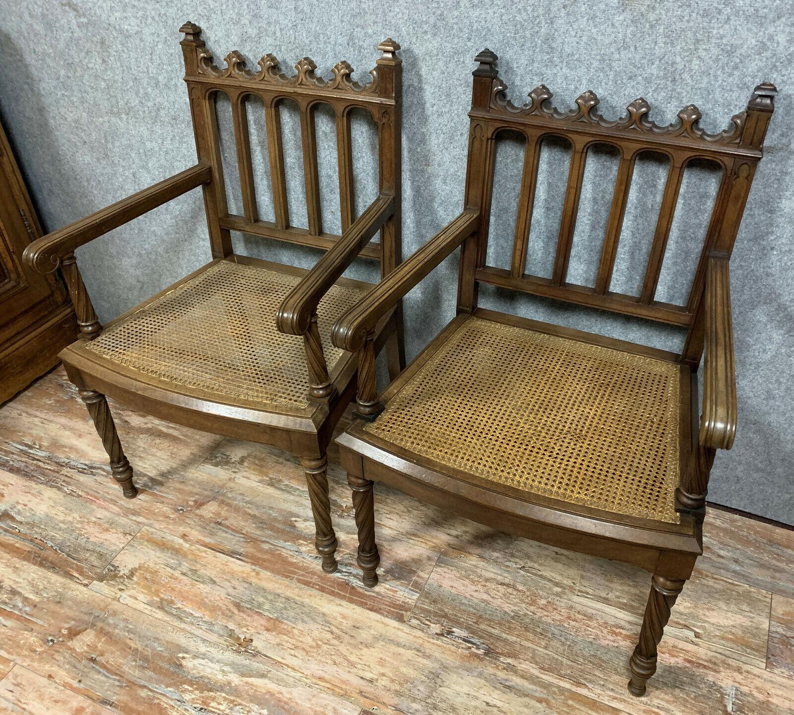 Mid-19th Century Exquisite Pair of Gothic Walnut Armchairs, circa 1850 -1X21 For Sale