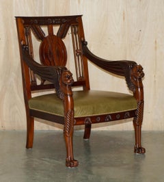 EXQUISITE PAIR OF HAND CARVED HARDWOOD LiBRARY ARMCHAIRS LION GRIFFON WING ARMS