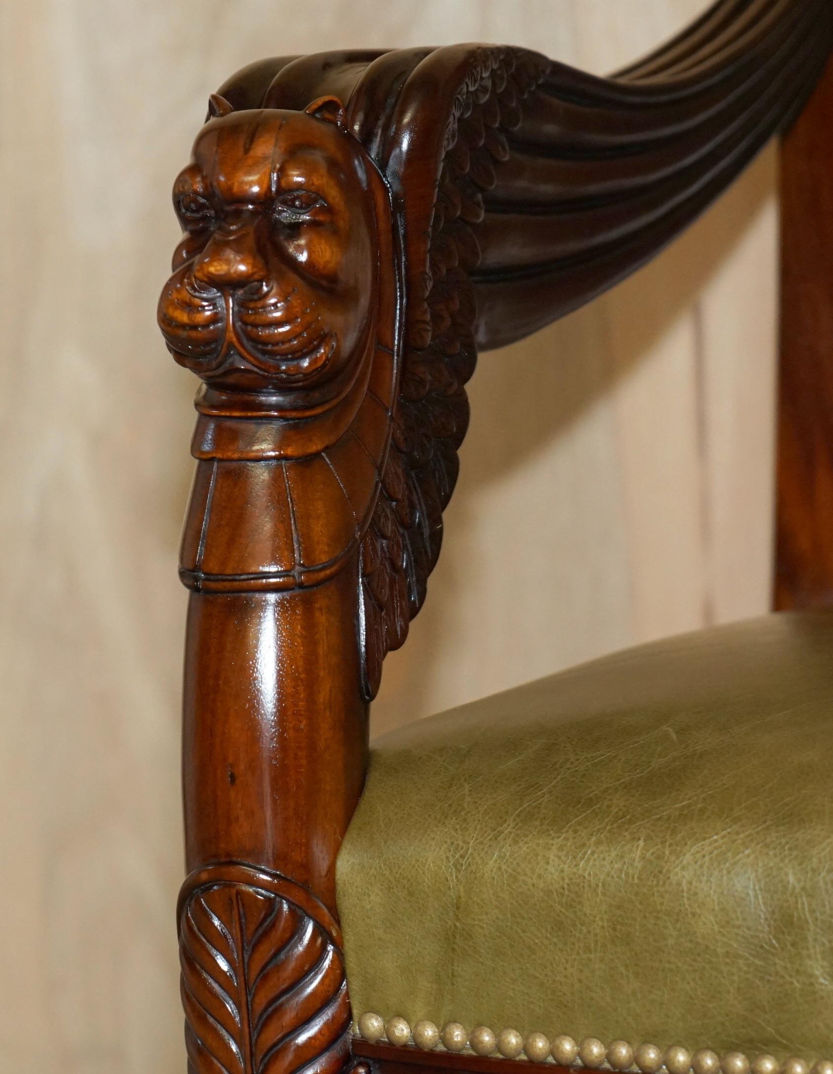 EXQUISITE PAIR OF HAND CARVED HARDWOOD LiBRARY ARMCHAIRS LION GRIFFON WING ARMS For Sale 2