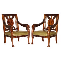 EXQUISITE PAIR OF HAND CARved HARDWOOD LiBRARY ARMCHAIRS LION GRIFFON WING ARMS