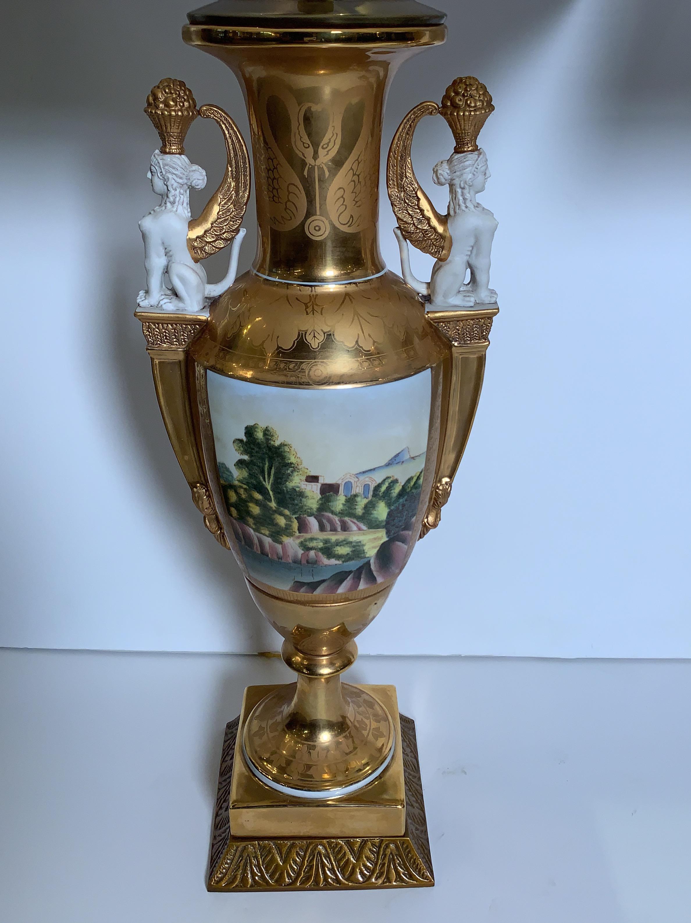 Hand-Painted Exquisite Pair of Hand Painted Porcelain Neoclassical Urn Lamps