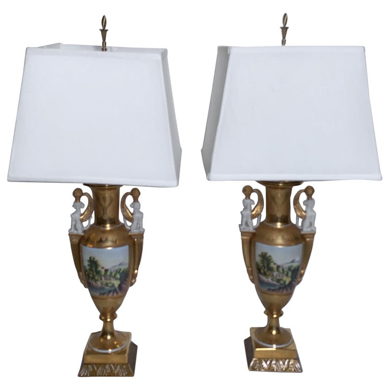 Exquisite Pair of Hand Painted Porcelain Neoclassical Urn Lamps For Sale