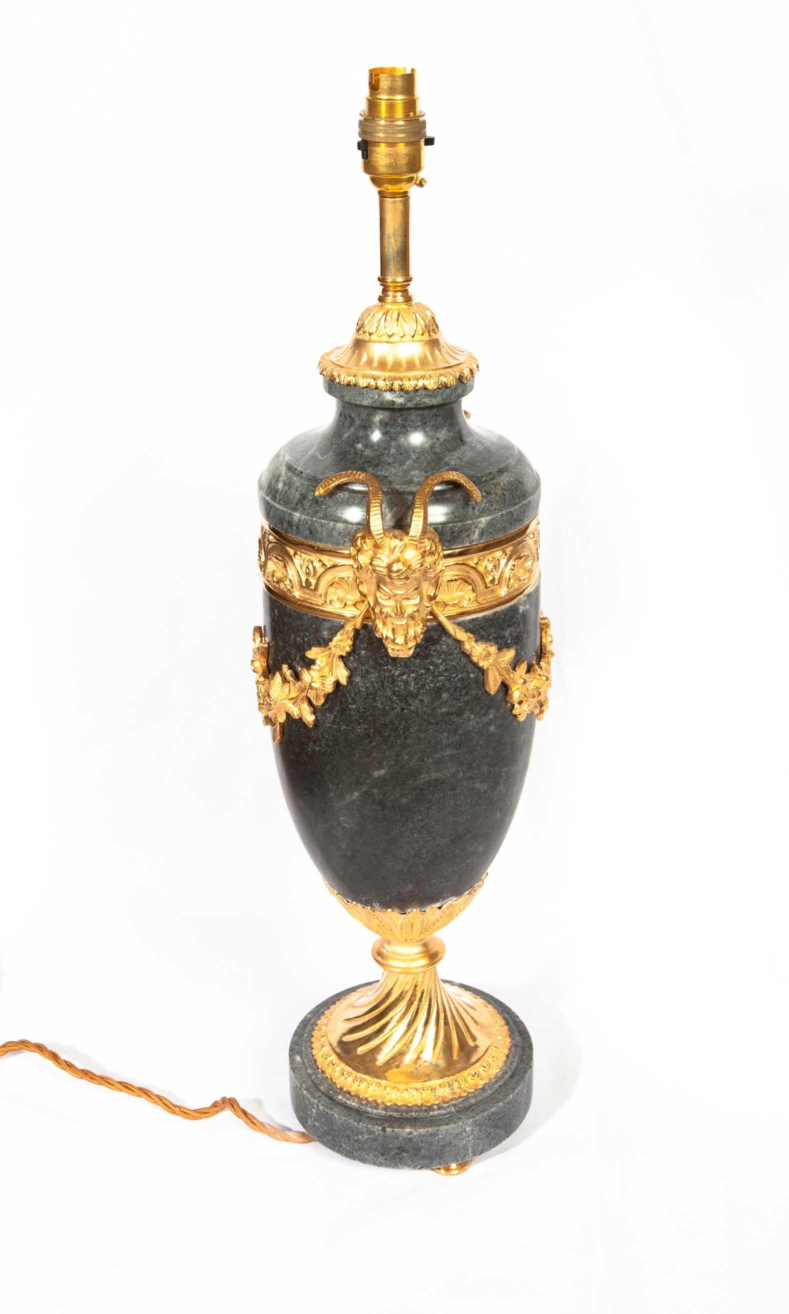 Magnificent handmade Marble & Gilt mounted table lamps, grey marble and gilt metal mounted with 22-carat gold leaf. The finest made table lamps on the market today.
Delivered in silk lined presentation cases, with or without silk shades.