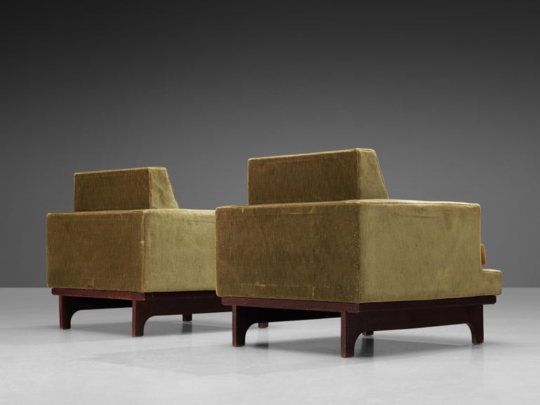 Mid-Century Modern Exquisite Pair of Italian Lounge Chairs in Green and Yellow Velvet Upholstery