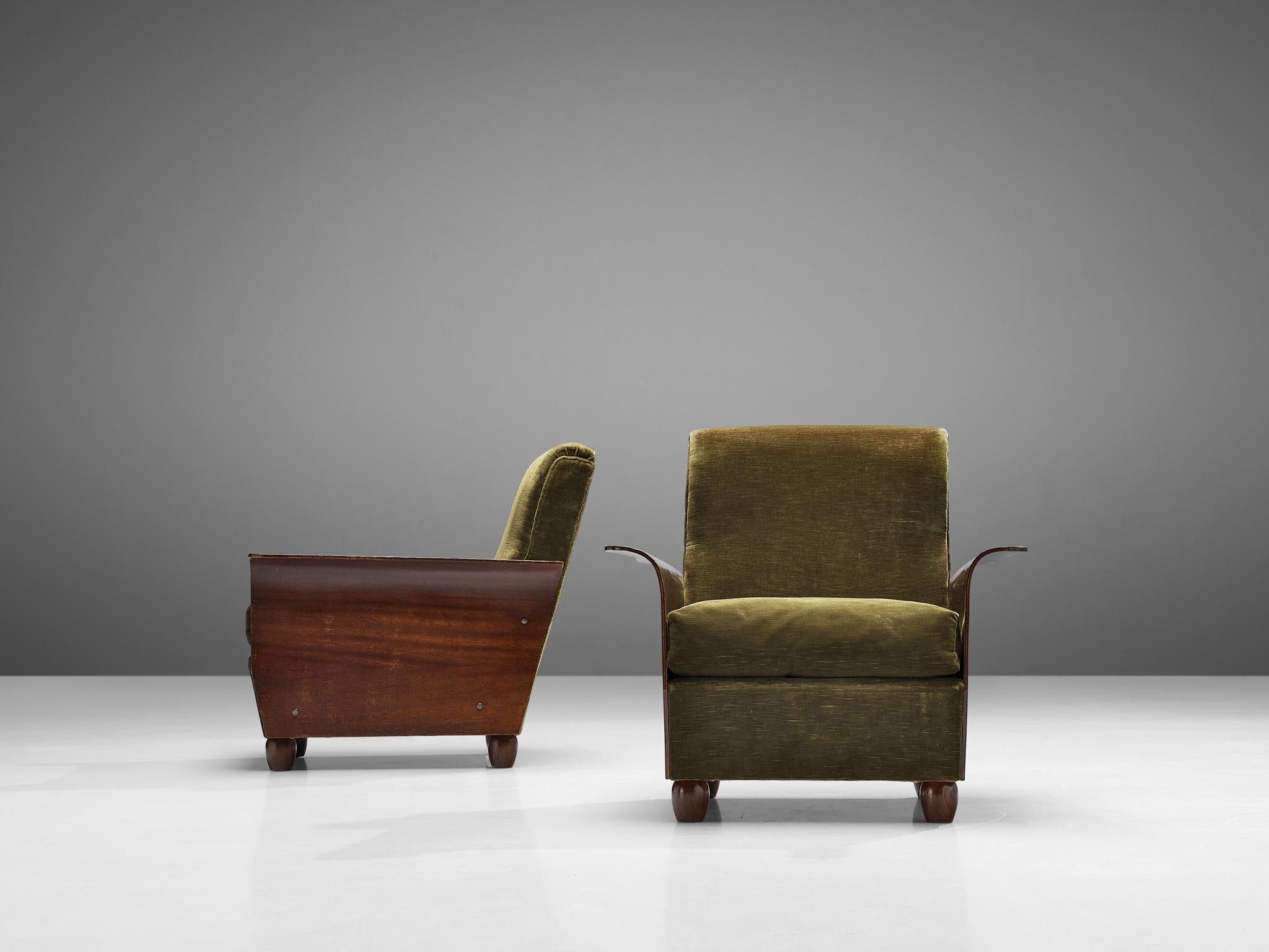 Mid-Century Modern Exquisite Pair of Italian Lounge Chairs in Green Velvet Upholstery and Mahogany