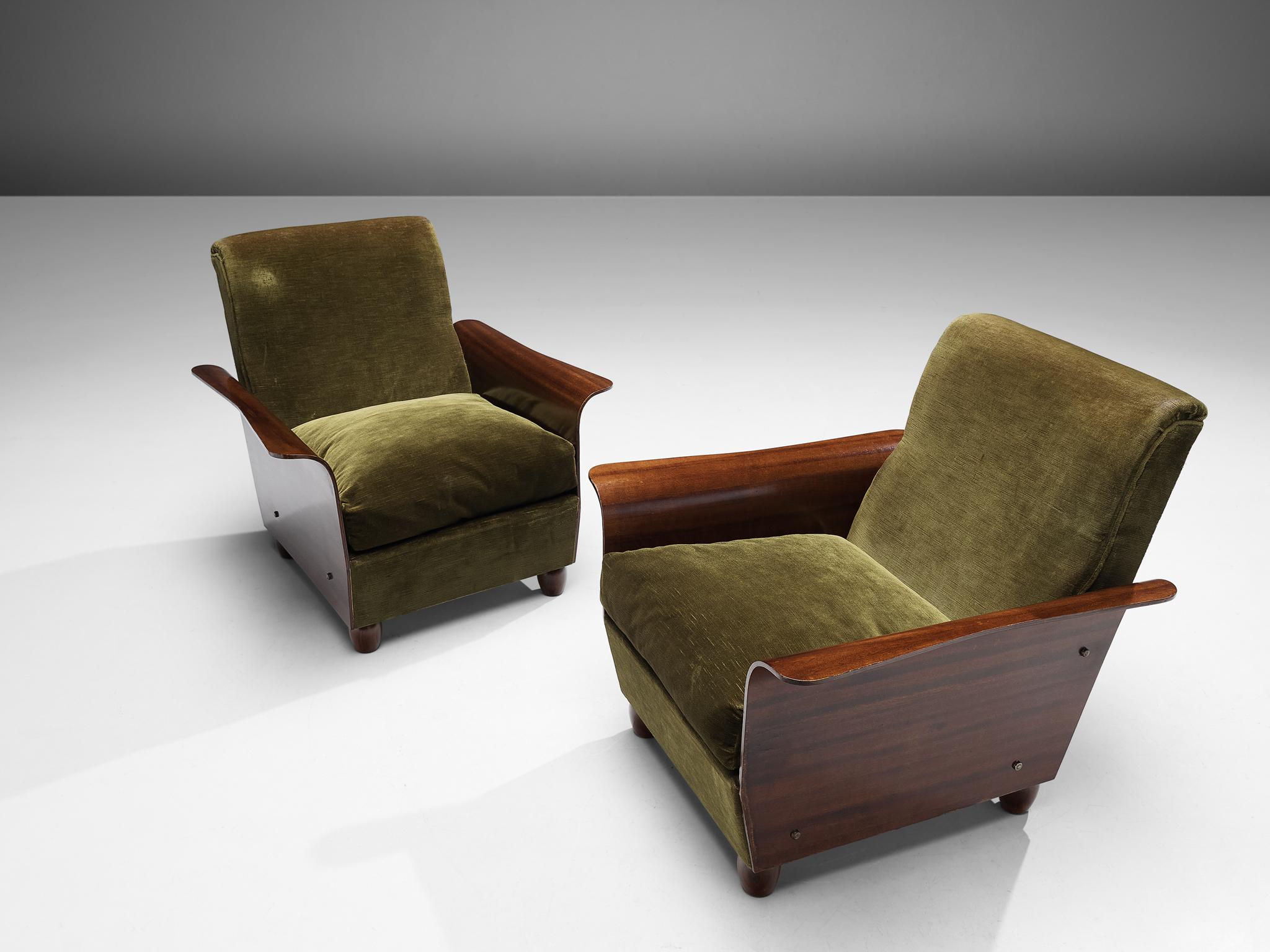 Mid-20th Century Exquisite Pair of Italian Lounge Chairs in Green Velvet Upholstery and Mahogany